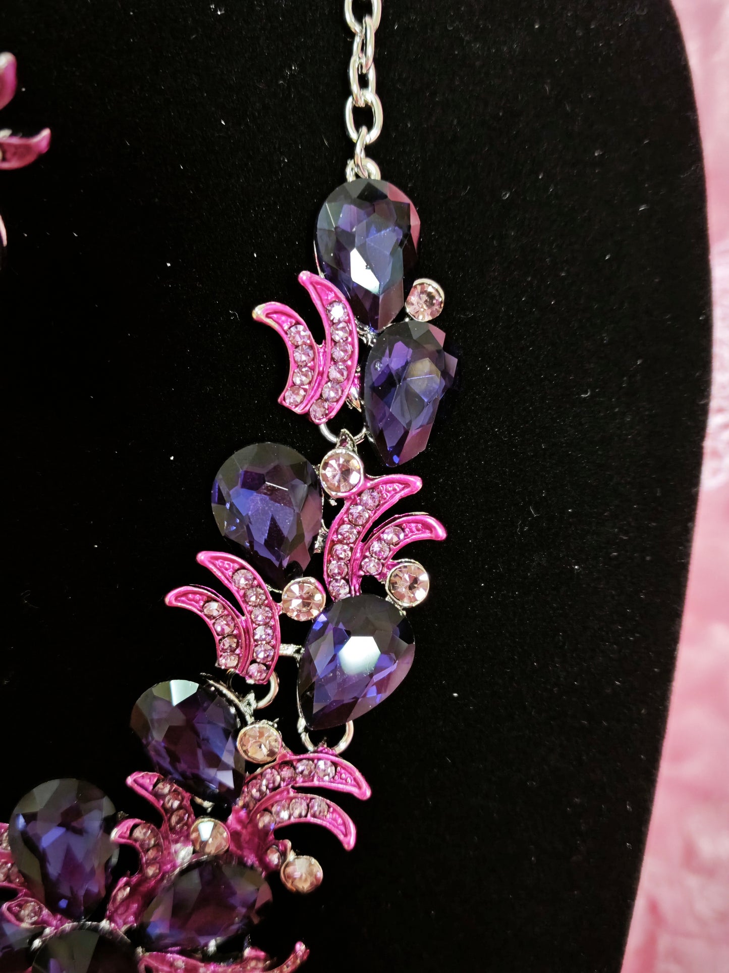 Silver Purple-Magenta Gem Feather Necklace & Earring Set