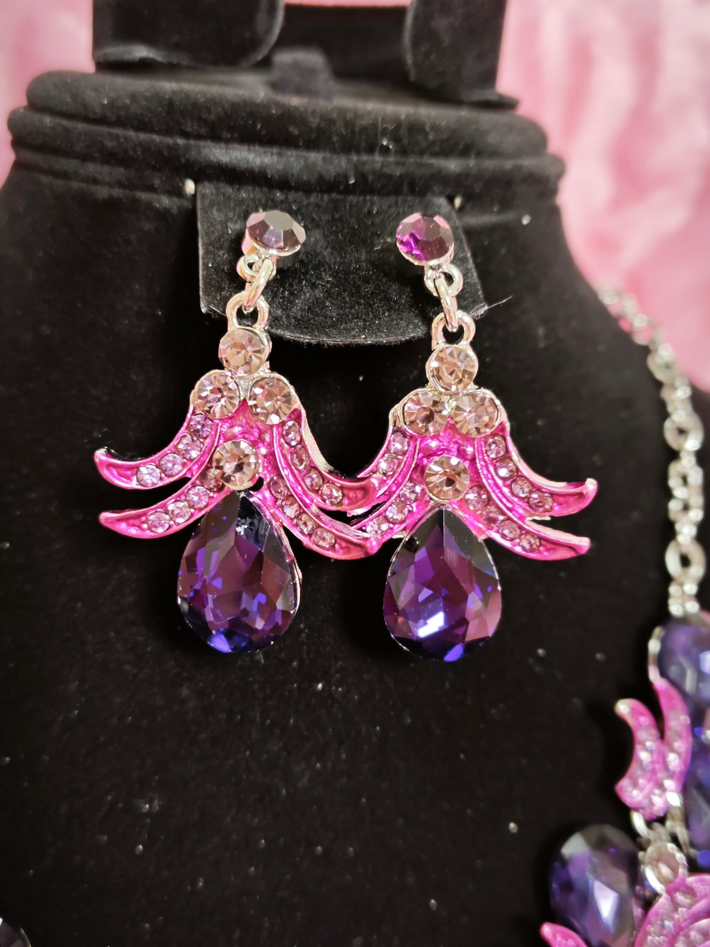 Silver Purple-Magenta Gem Feather Necklace & Earring Set