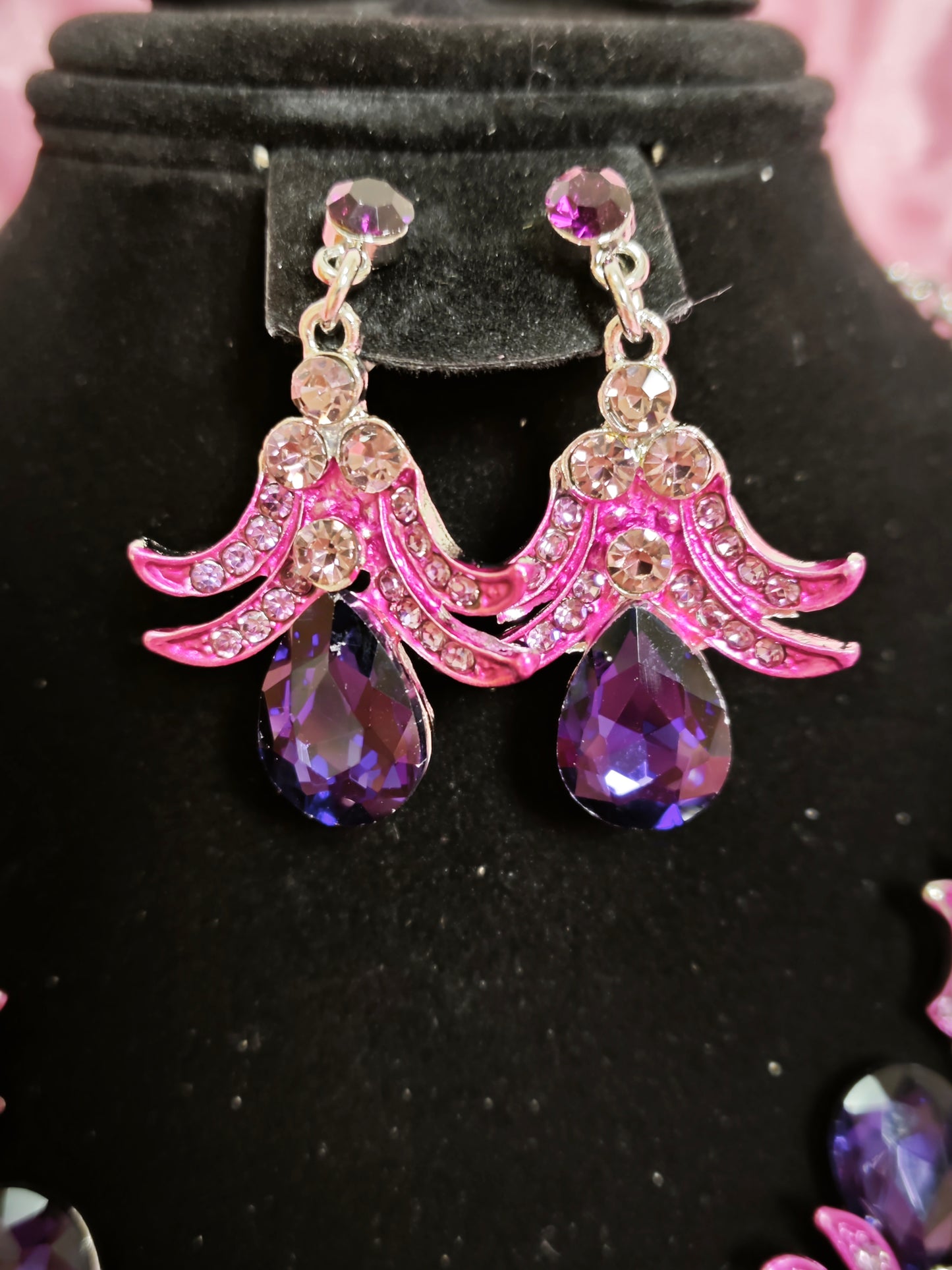 Silver Purple-Magenta Gem Feather Necklace & Earring Set