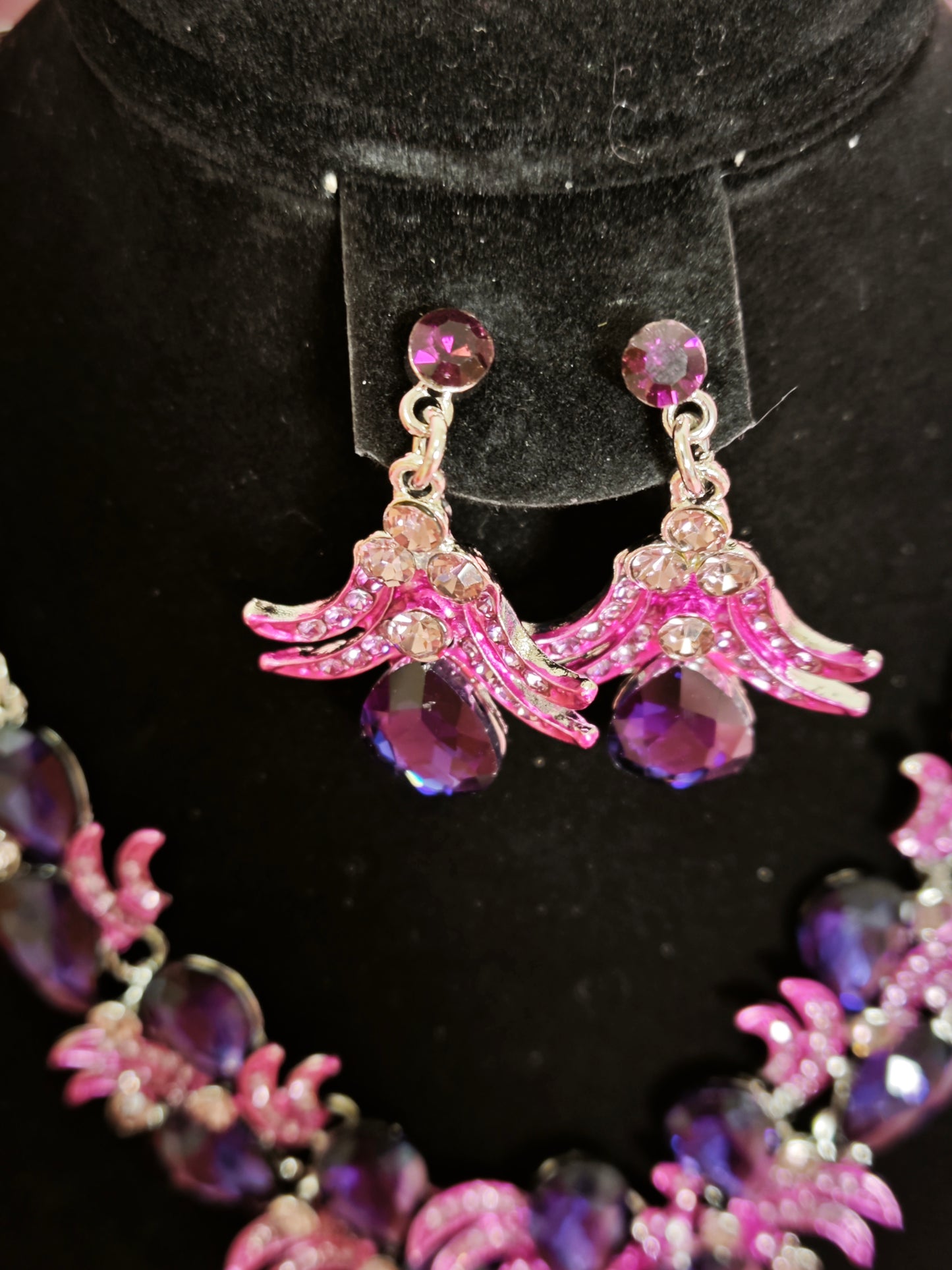 Silver Purple-Magenta Gem Feather Necklace & Earring Set