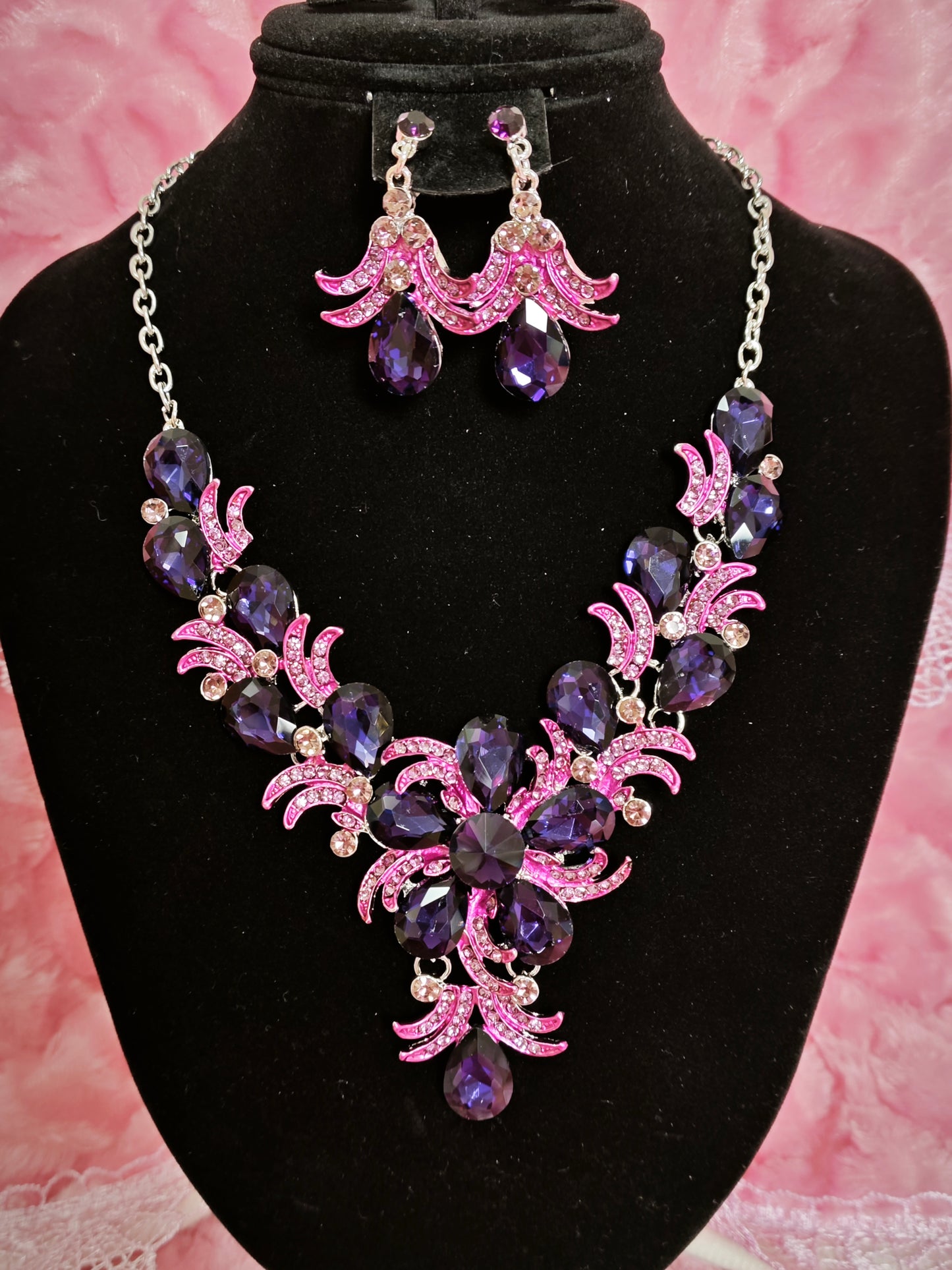 Silver Purple-Magenta Gem Feather Necklace & Earring Set