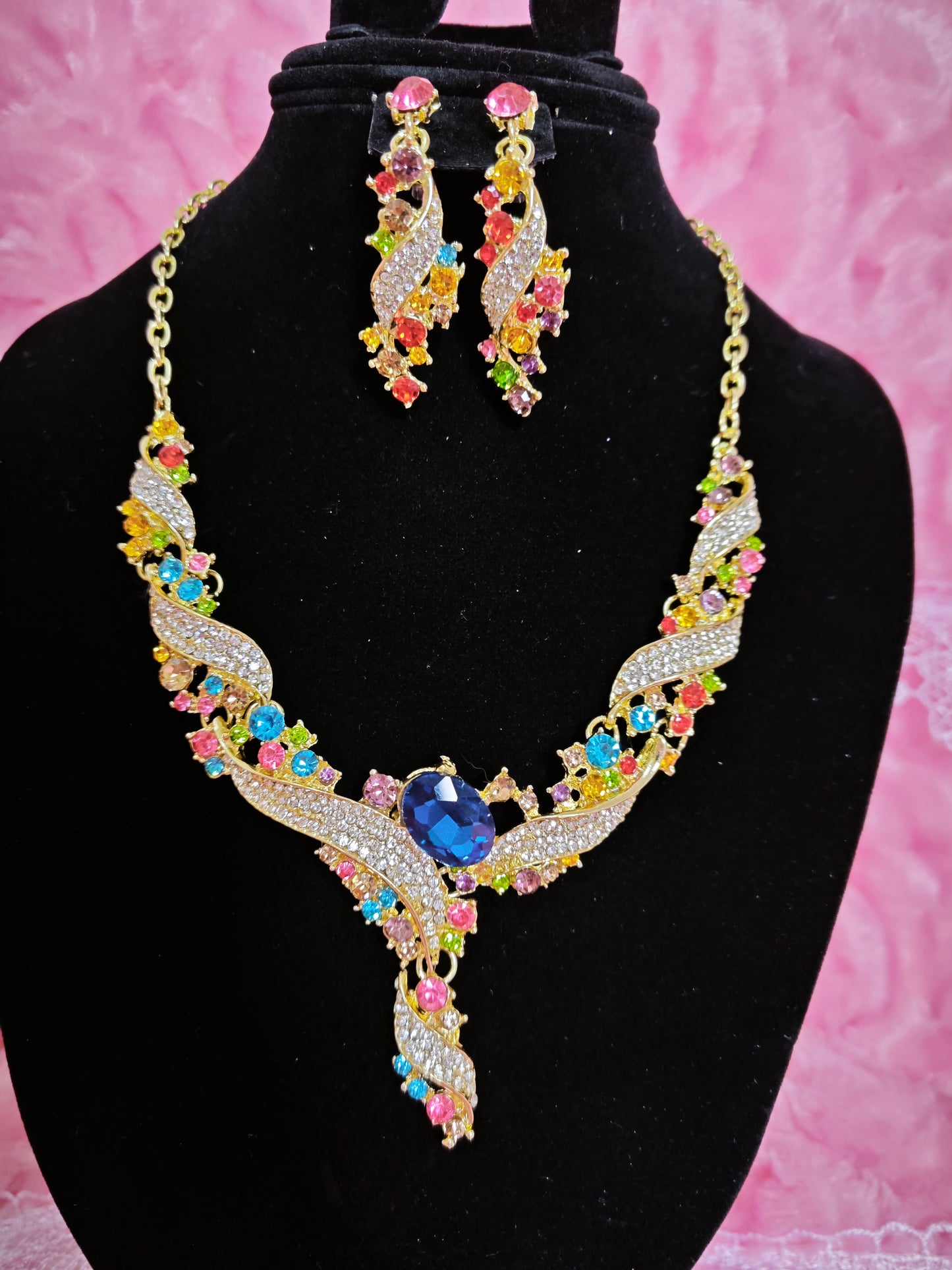 Gilded Multi-Color Gem Wing Necklace & Earring Set
