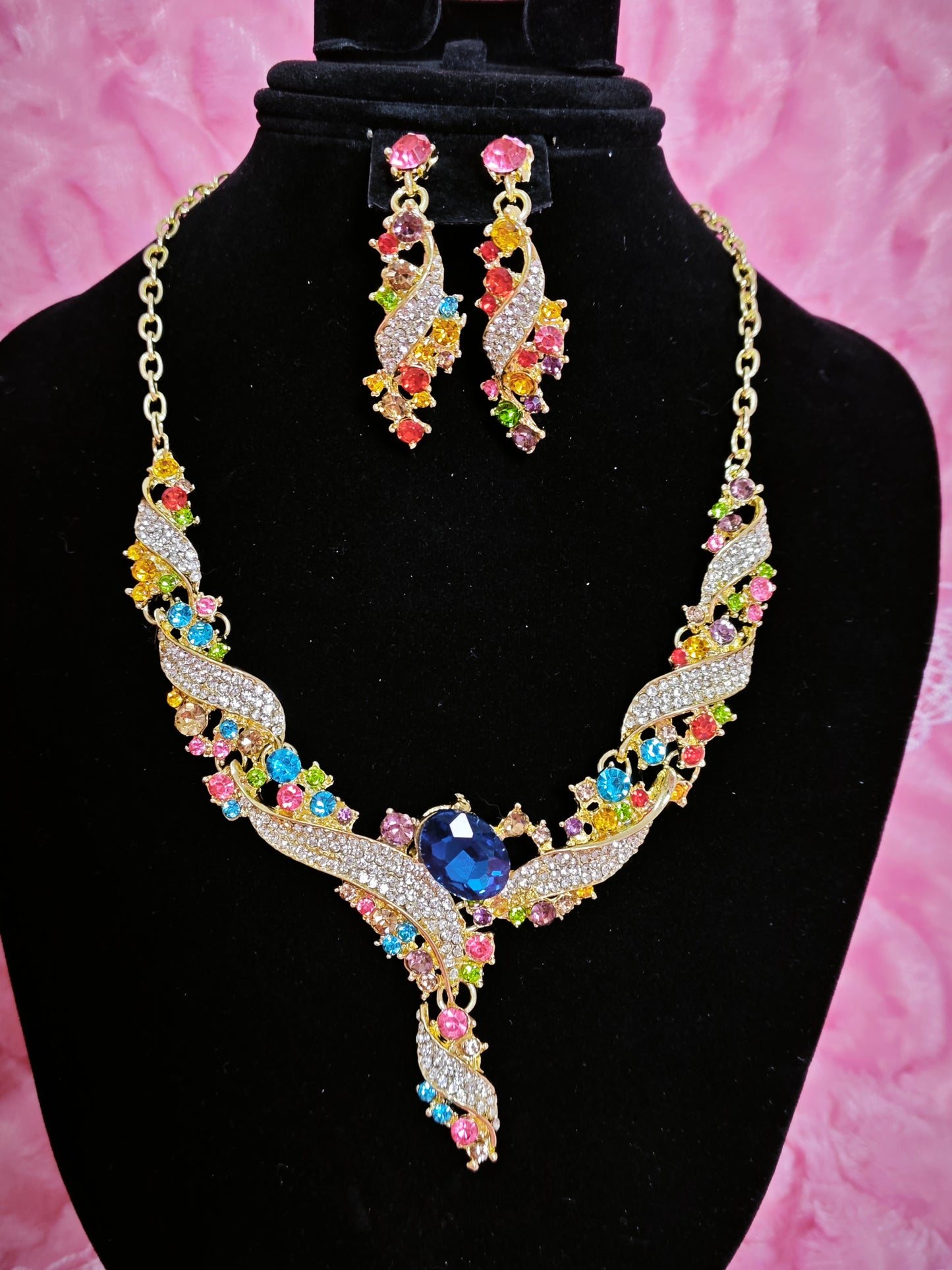 Gilded Multi-Color Gem Wing Necklace & Earring Set