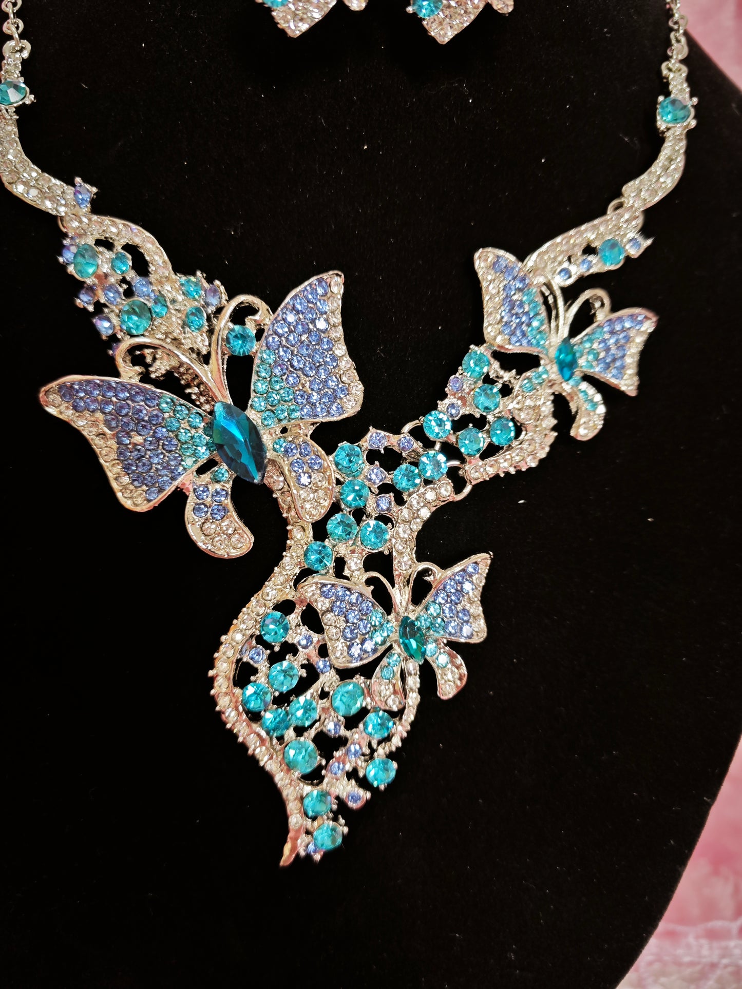 Silver Aqua-Blue Gem Butterfly Necklace & Earring Set