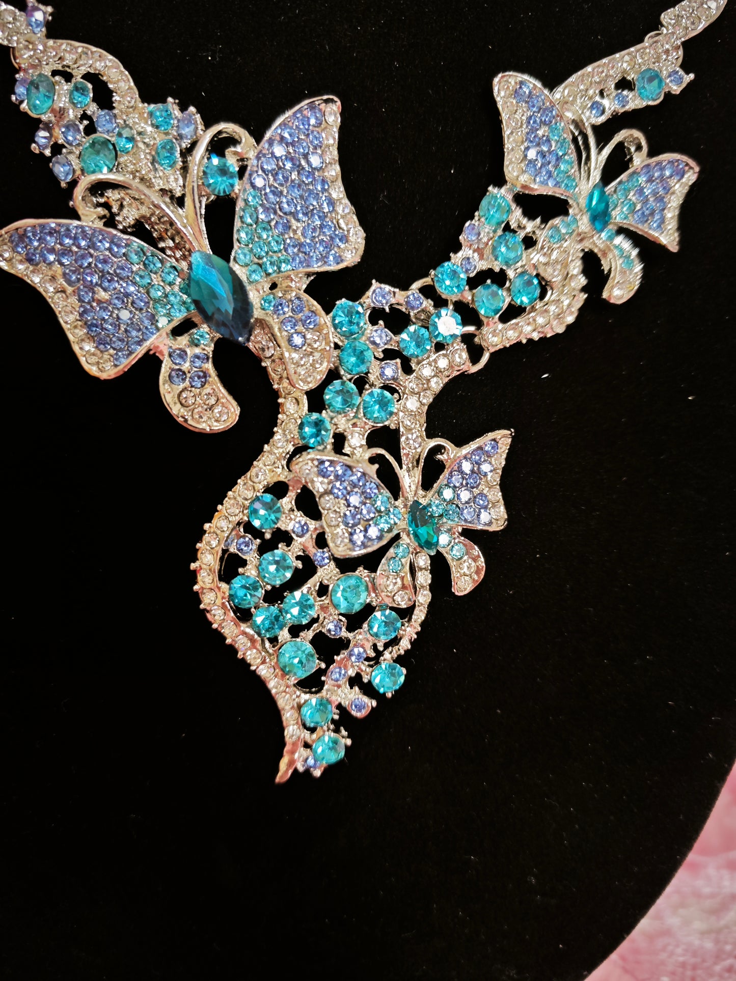 Silver Aqua-Blue Gem Butterfly Necklace & Earring Set