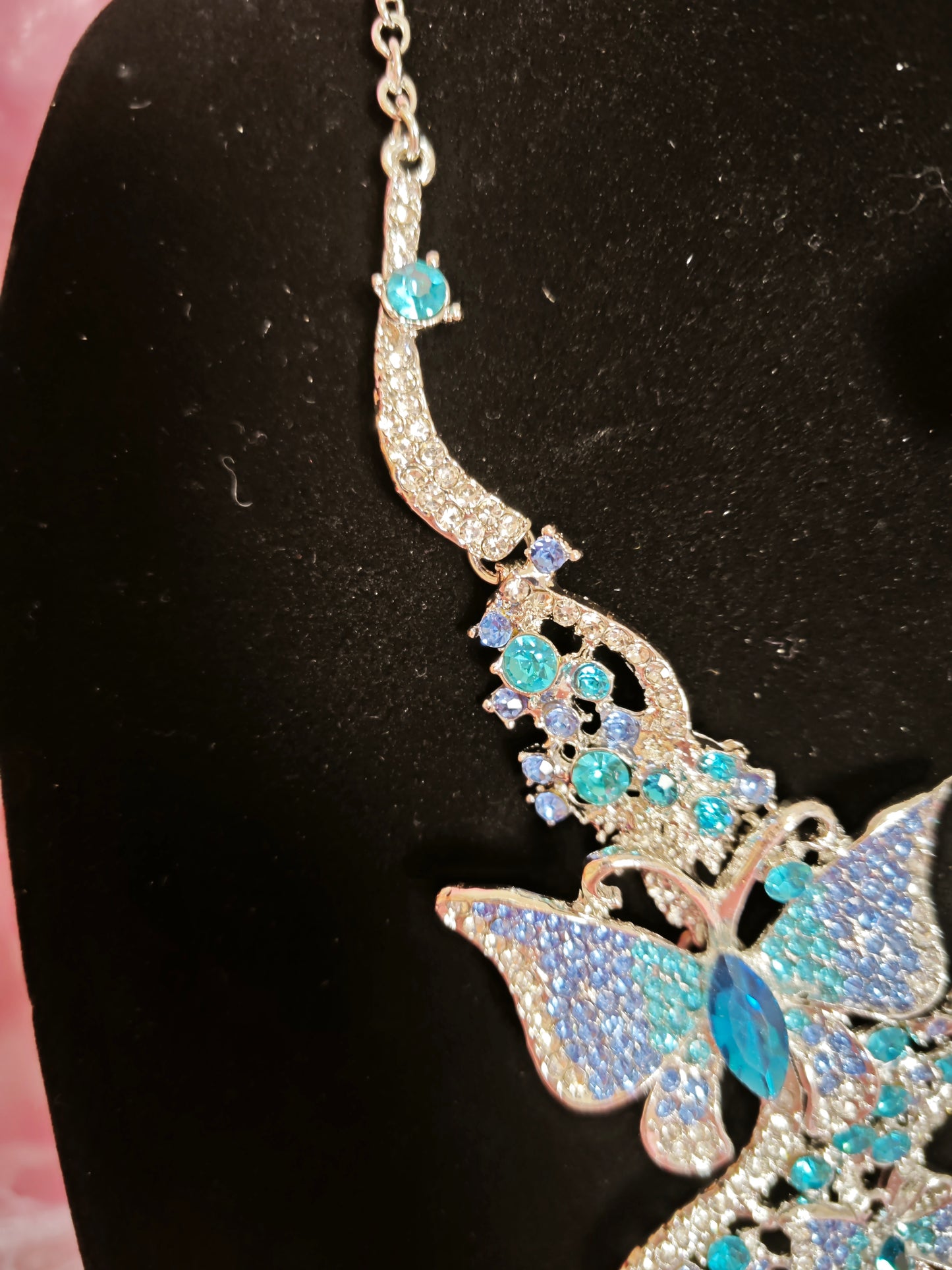 Silver Aqua-Blue Gem Butterfly Necklace & Earring Set