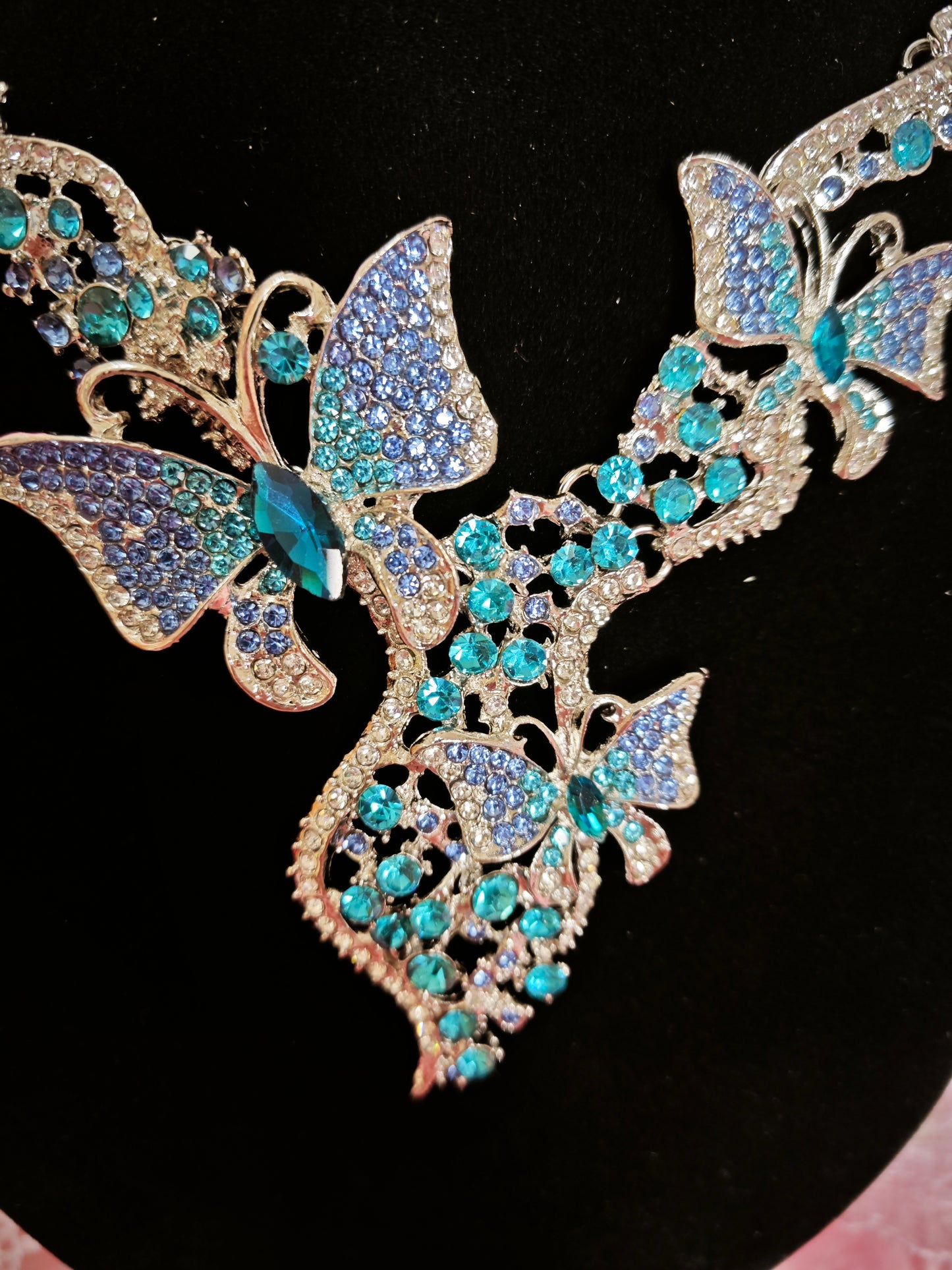 Silver Aqua-Blue Gem Butterfly Necklace & Earring Set