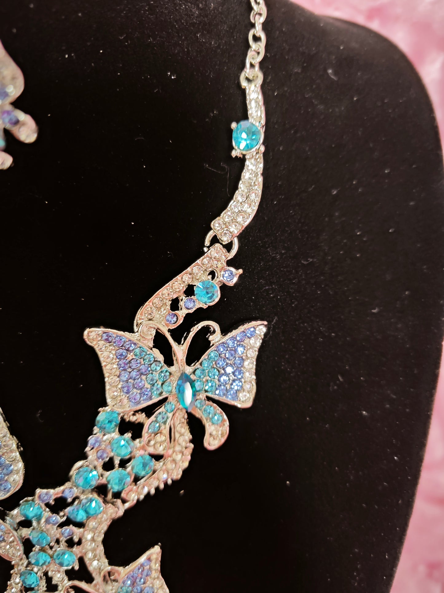 Silver Aqua-Blue Gem Butterfly Necklace & Earring Set
