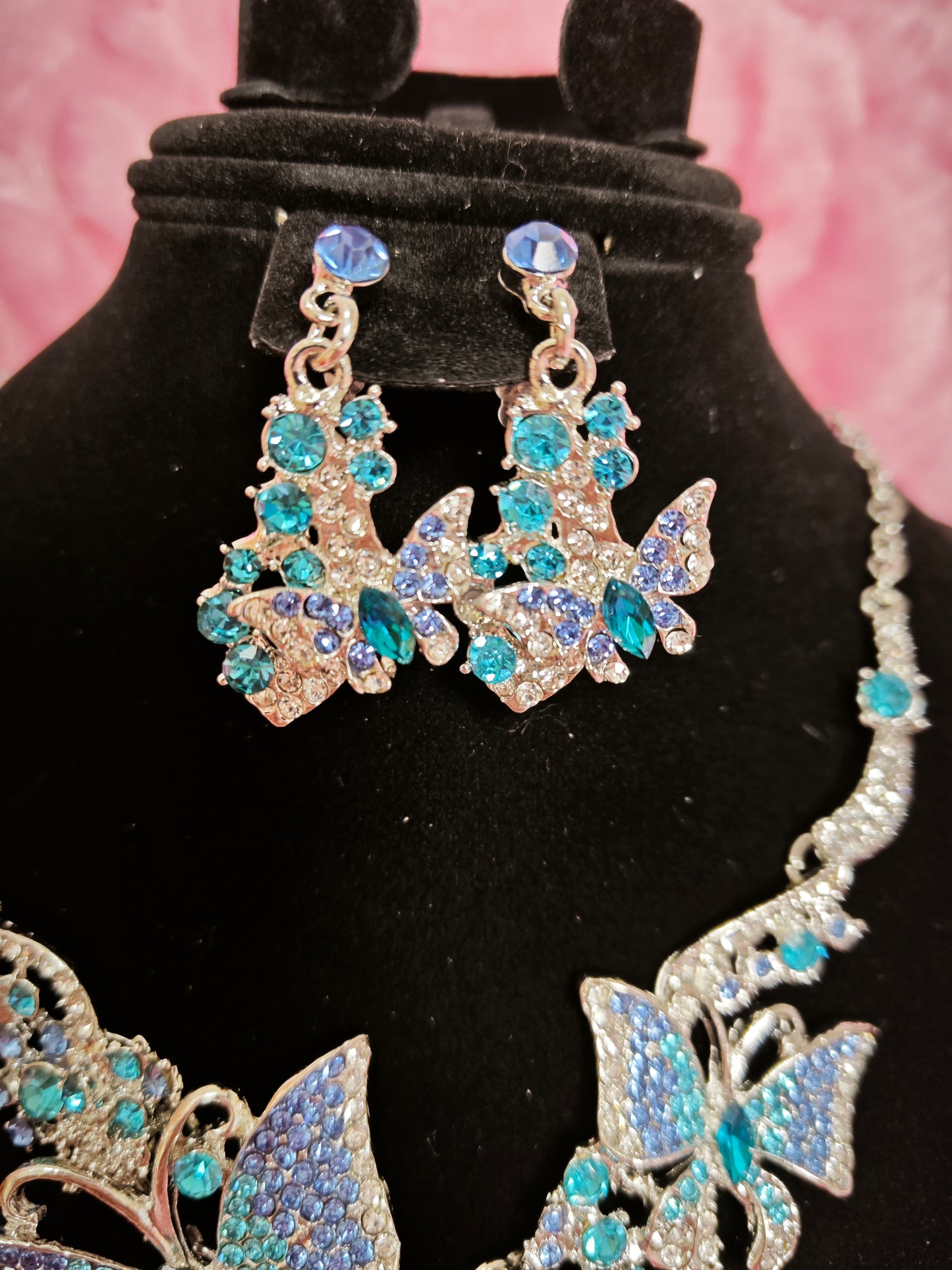 Silver Aqua-Blue Gem Butterfly Necklace & Earring Set