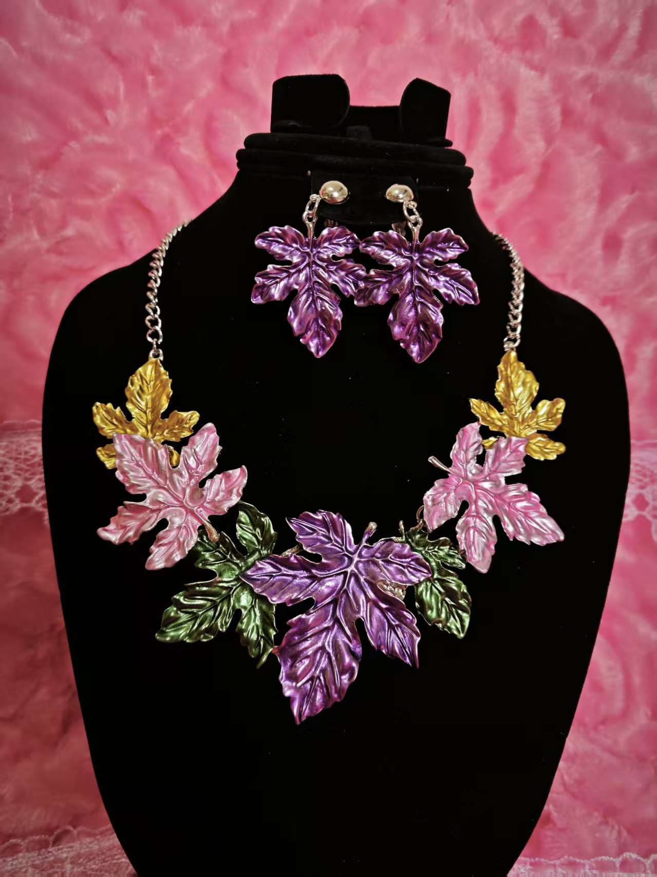 Pastel Maple Leaf Statement Necklace & Earring Set