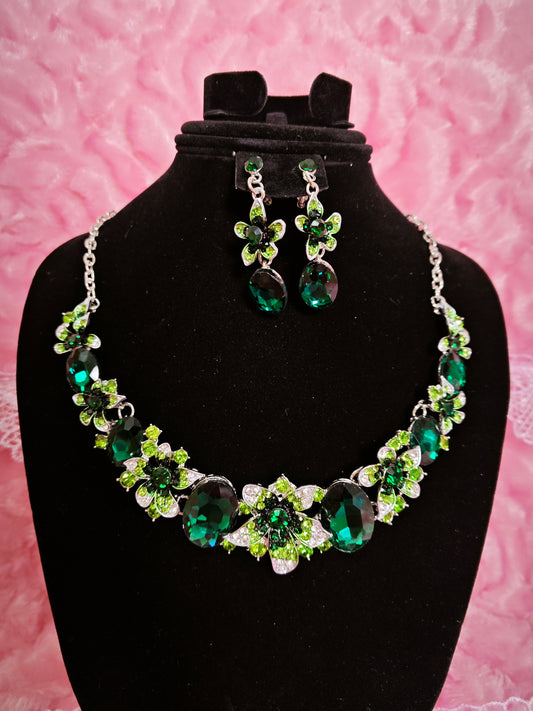 Silver Green Gem Floral Cluster Necklace & Earring Set