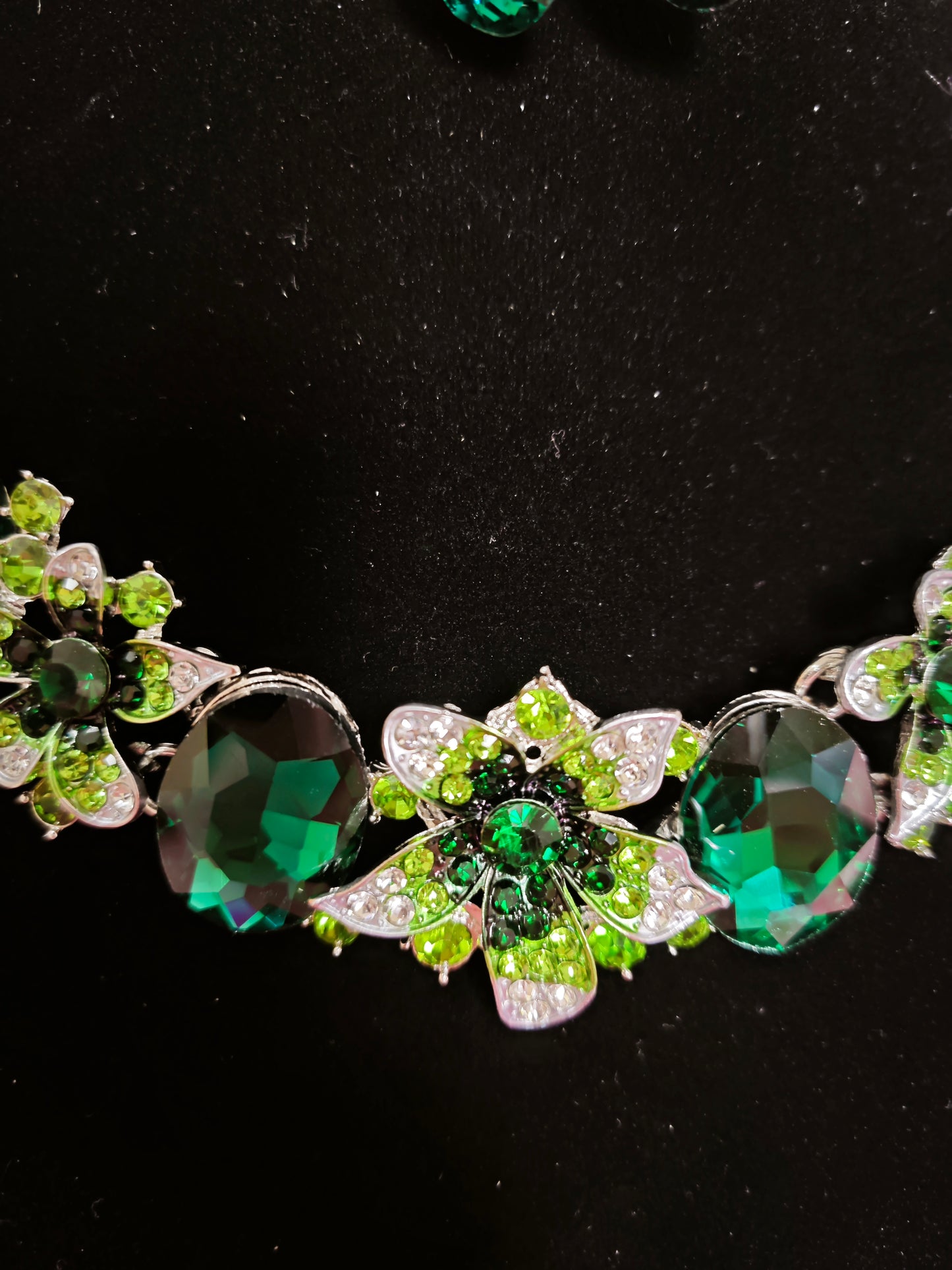 Silver Green Gem Floral Cluster Necklace & Earring Set
