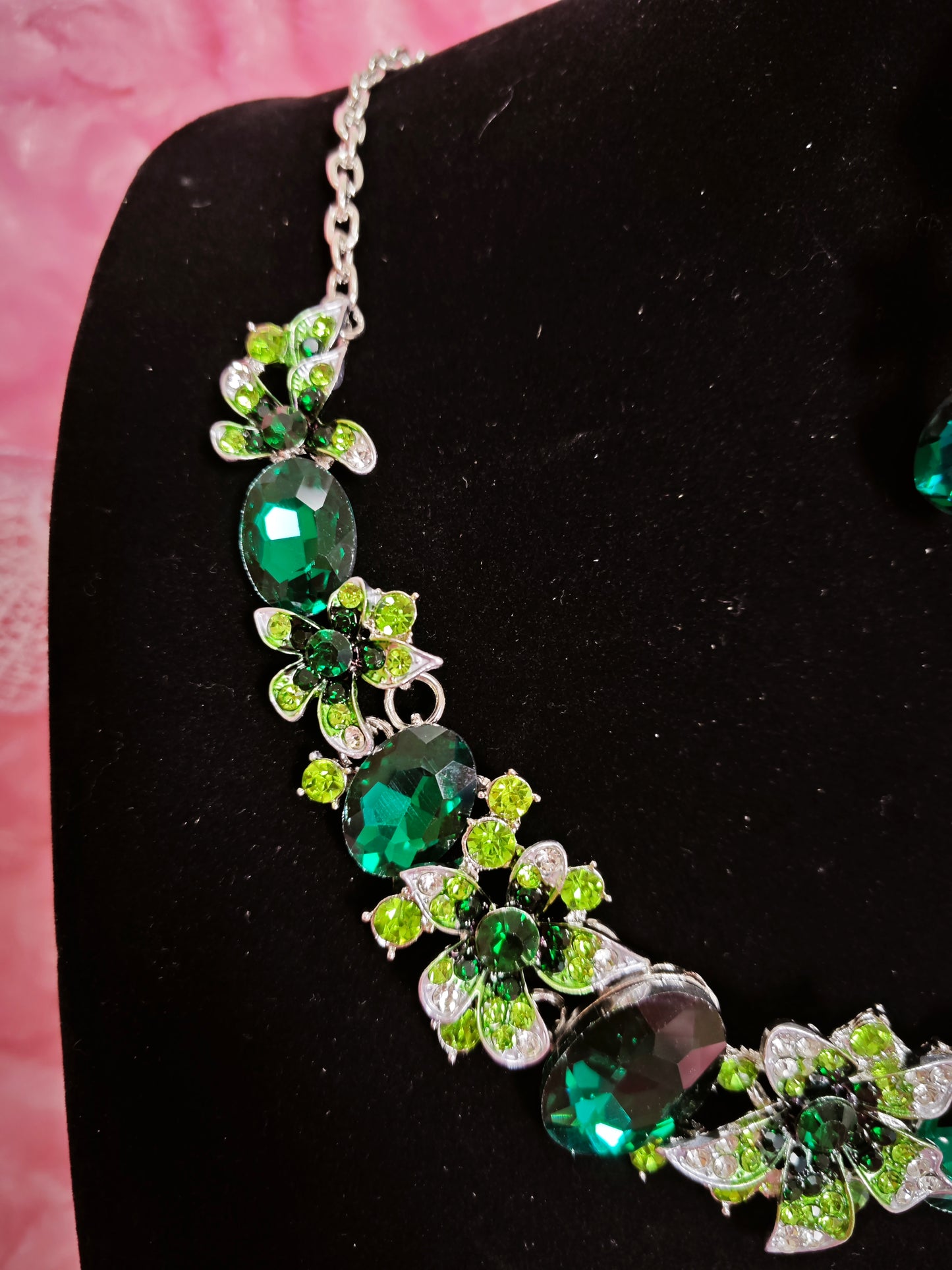 Silver Green Gem Floral Cluster Necklace & Earring Set