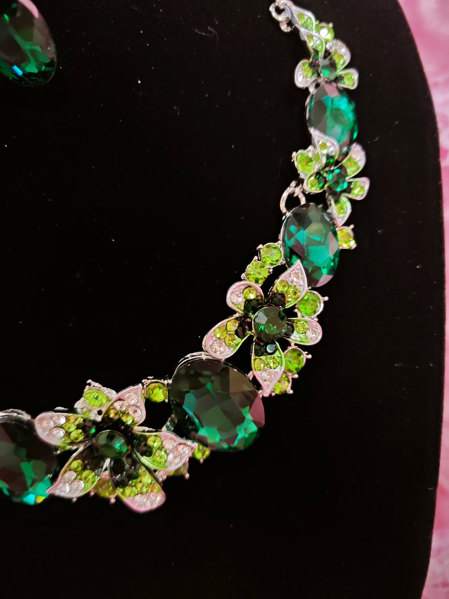 Silver Green Gem Floral Cluster Necklace & Earring Set