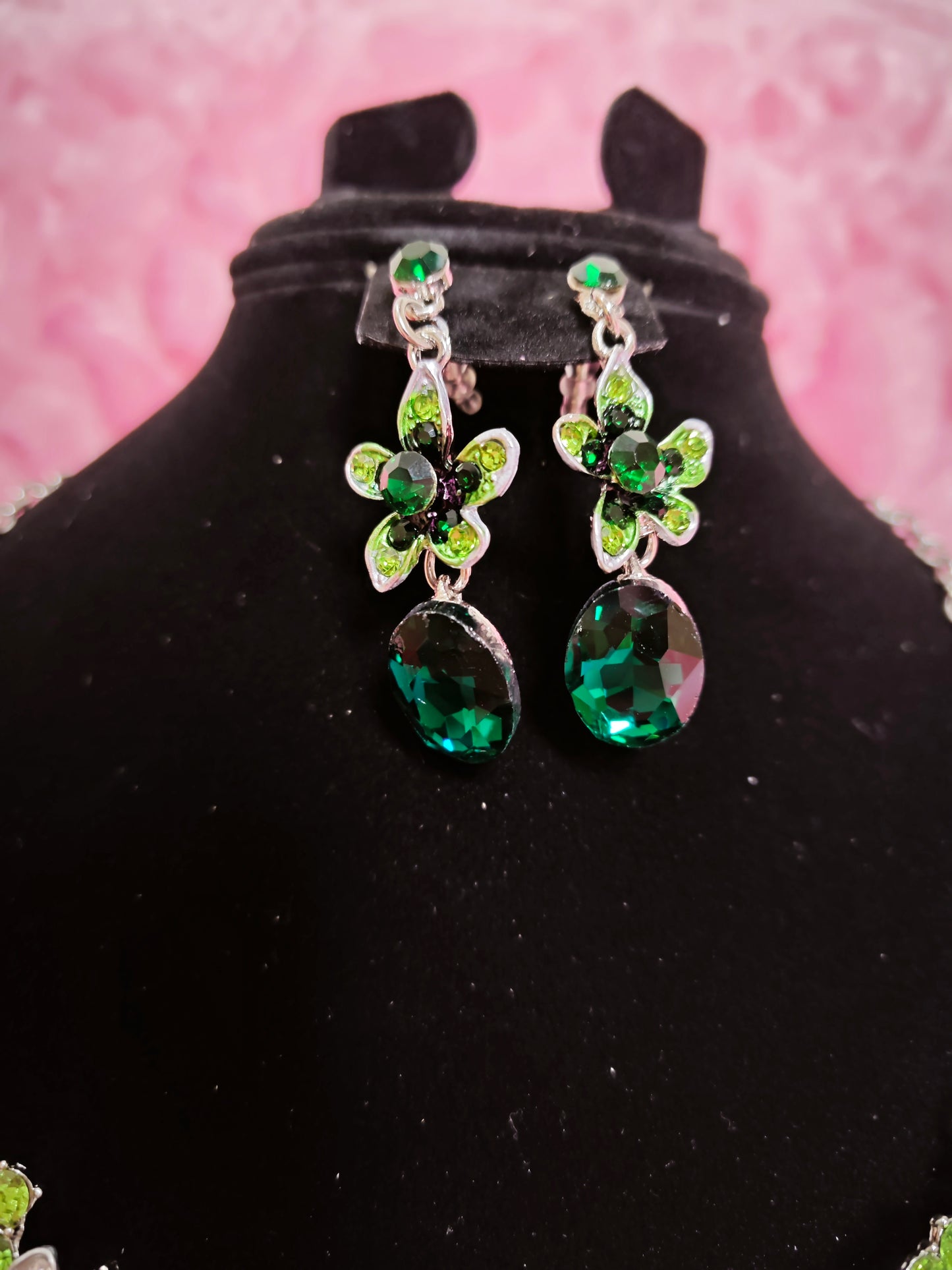 Silver Green Gem Floral Cluster Necklace & Earring Set