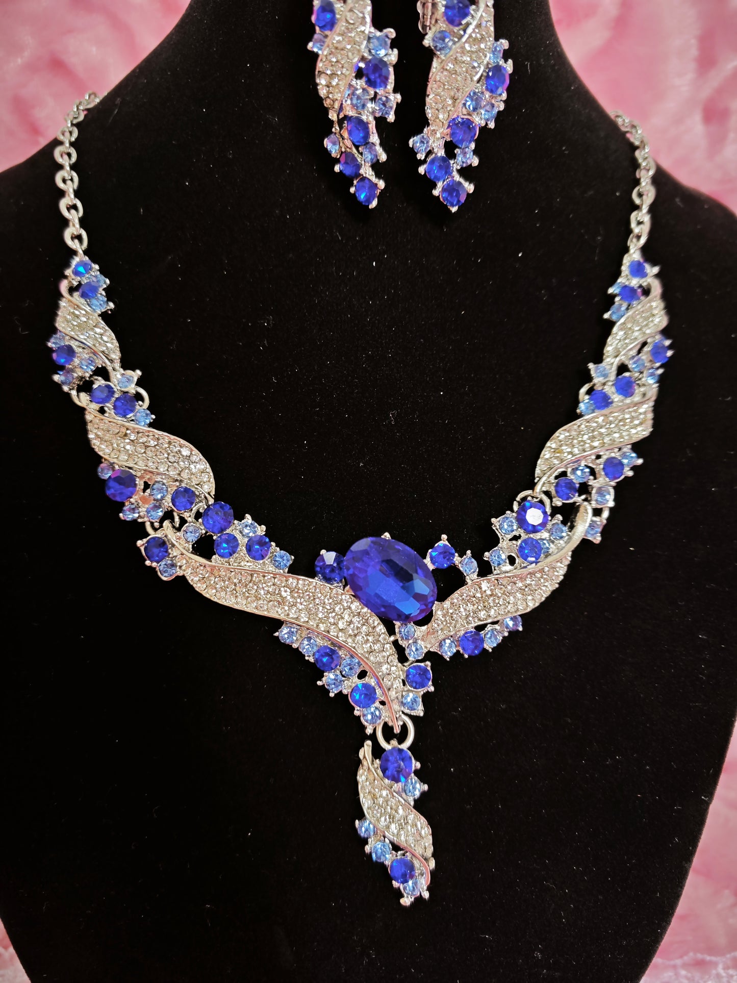 Silver Blue Gem Wing & Baguette Crystal Necklace & Earring Set