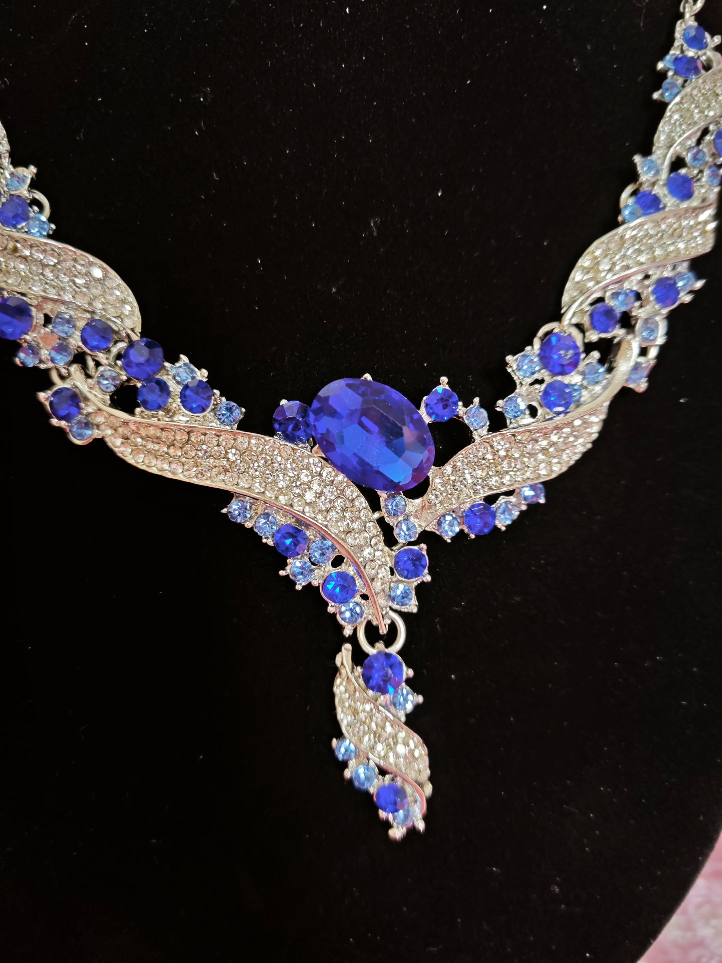 Silver Blue Gem Wing & Baguette Crystal Necklace & Earring Set