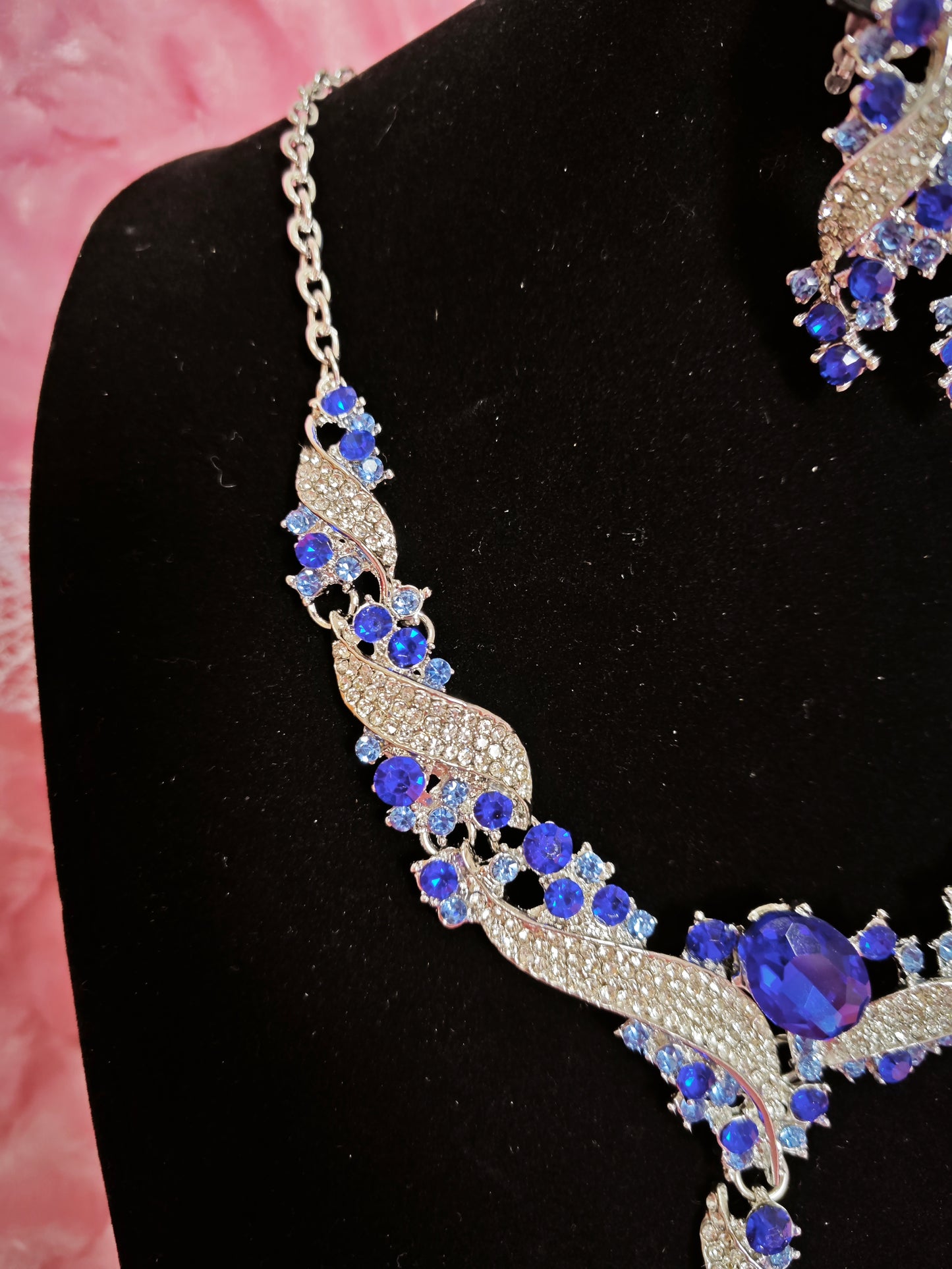 Silver Blue Gem Wing & Baguette Crystal Necklace & Earring Set