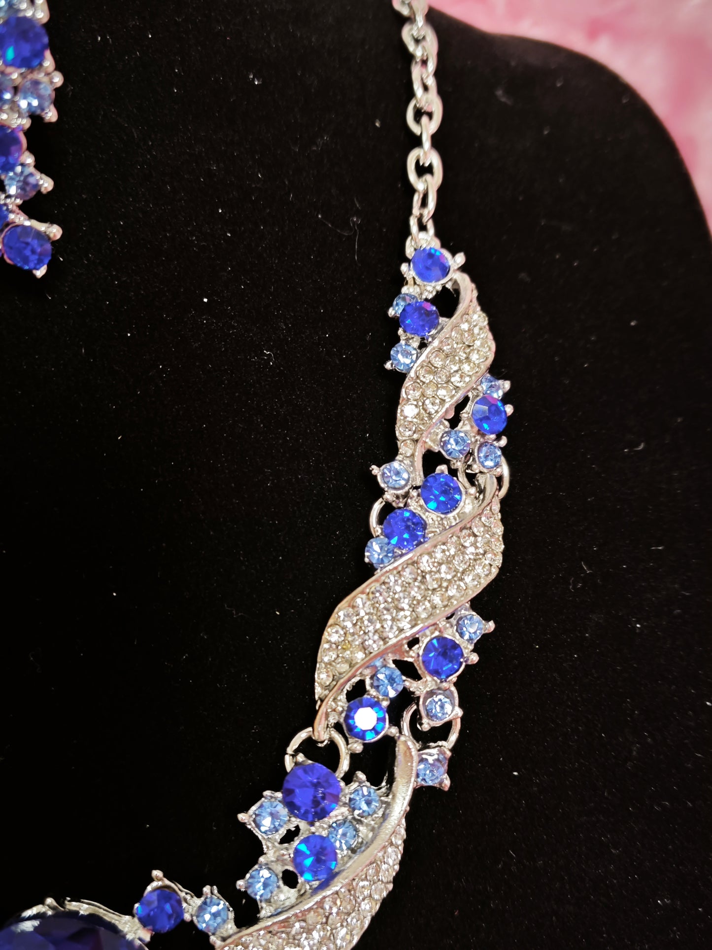 Silver Blue Gem Wing & Baguette Crystal Necklace & Earring Set