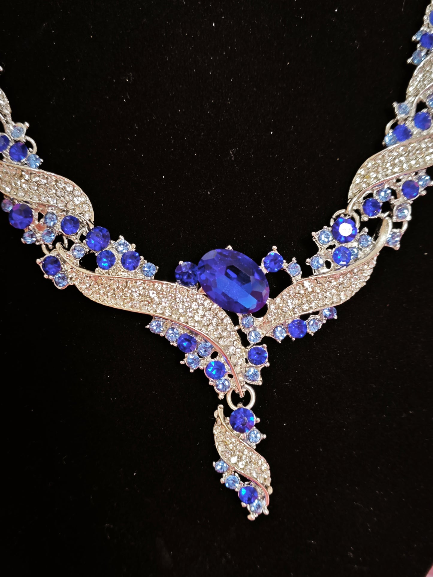 Silver Blue Gem Wing & Baguette Crystal Necklace & Earring Set