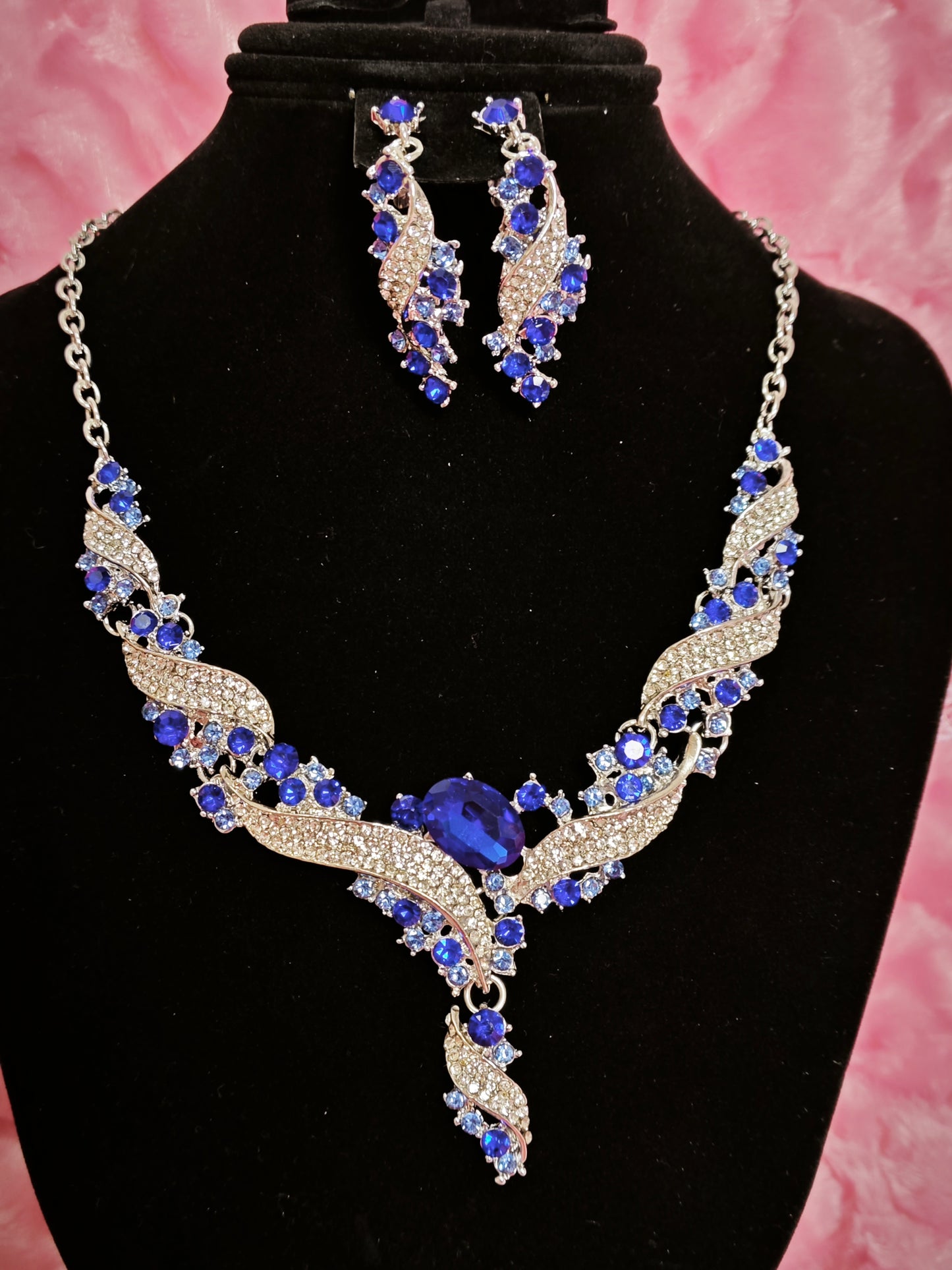 Silver Blue Gem Wing & Baguette Crystal Necklace & Earring Set