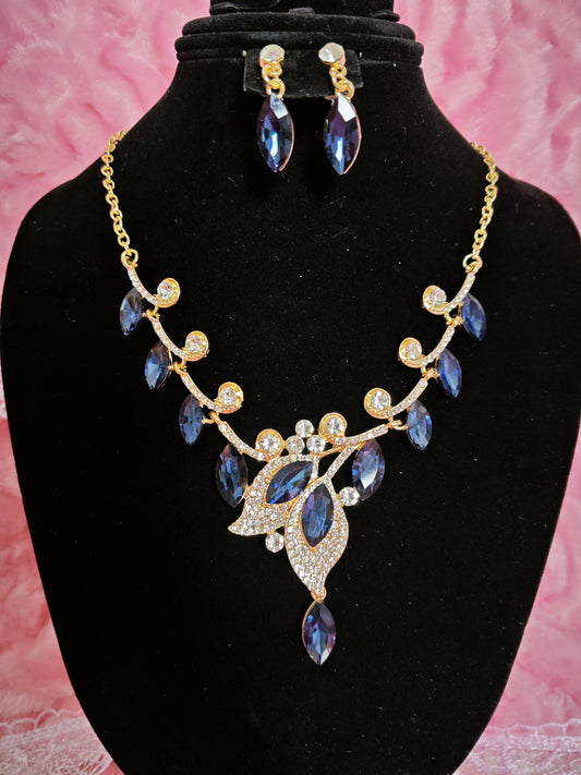 Gilded Blue Gem Leaf & Teardrop Necklace & Earring Set