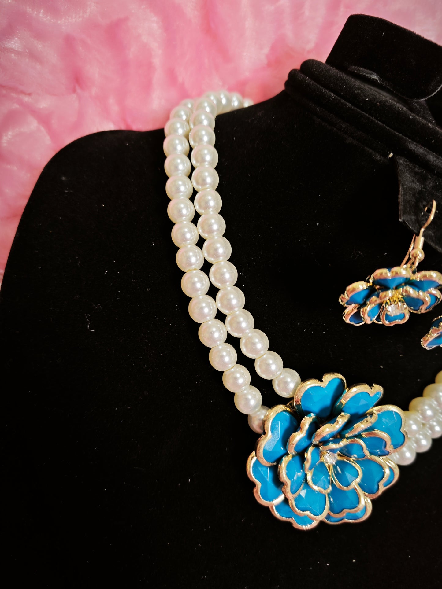 Gilded Turquoise Enamel Flower Pearl Necklace & Earring Set