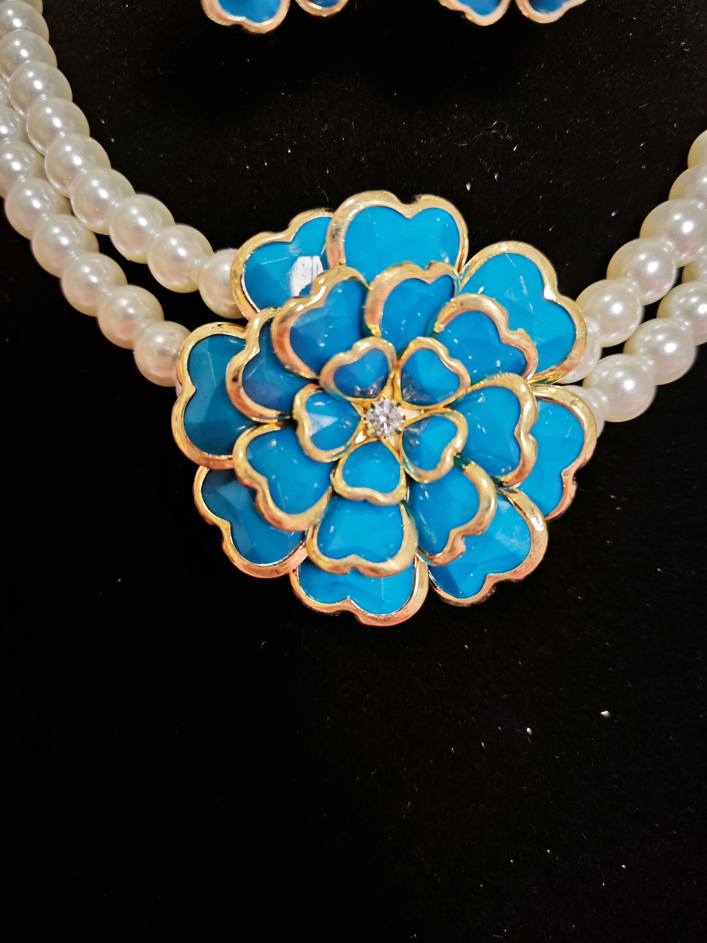 Gilded Turquoise Enamel Flower Pearl Necklace & Earring Set