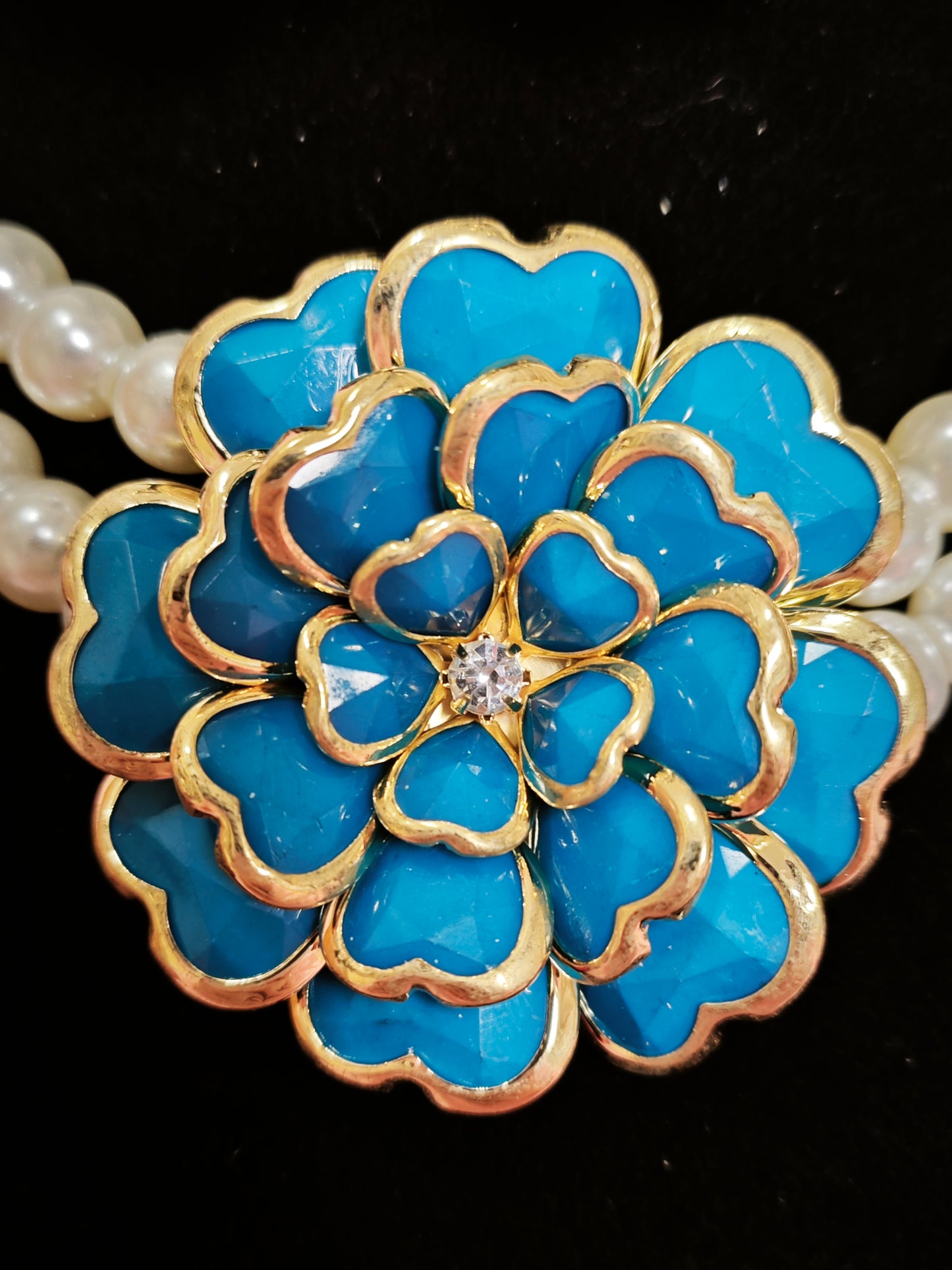 Gilded Turquoise Enamel Flower Pearl Necklace & Earring Set