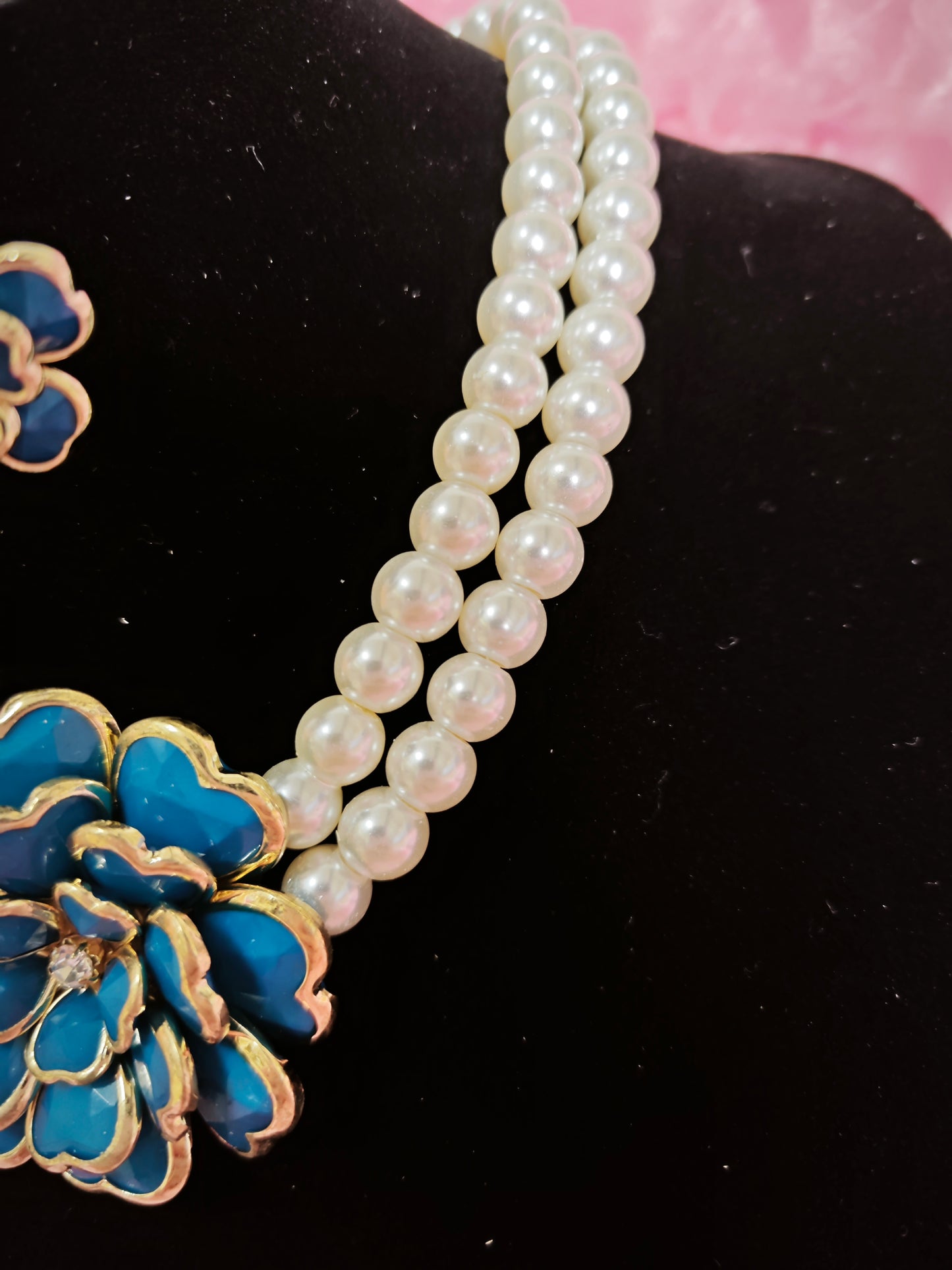 Gilded Turquoise Enamel Flower Pearl Necklace & Earring Set