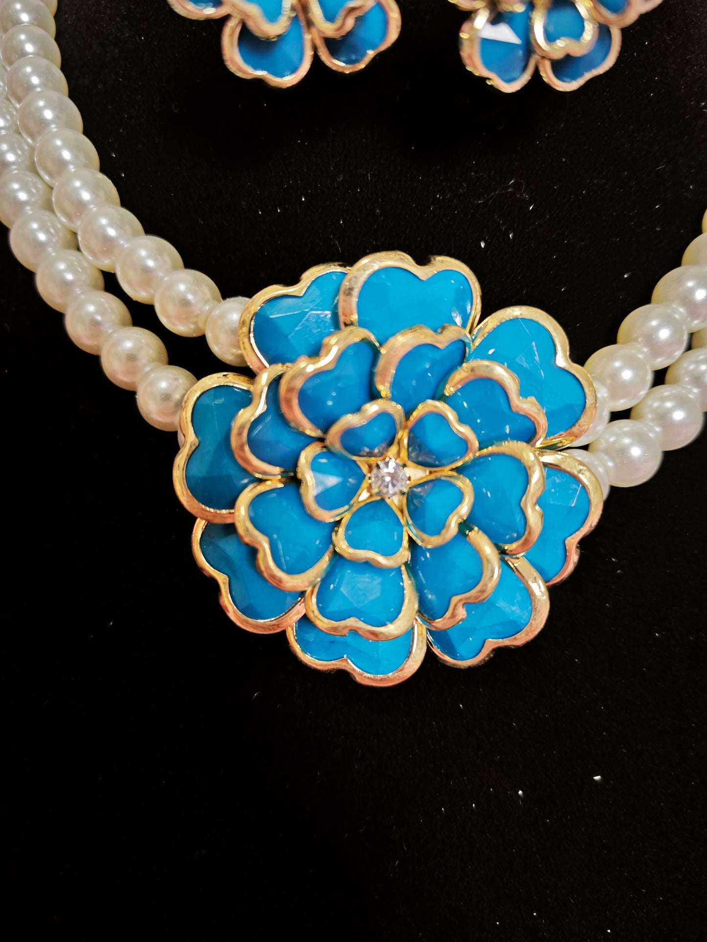 Gilded Turquoise Enamel Flower Pearl Necklace & Earring Set