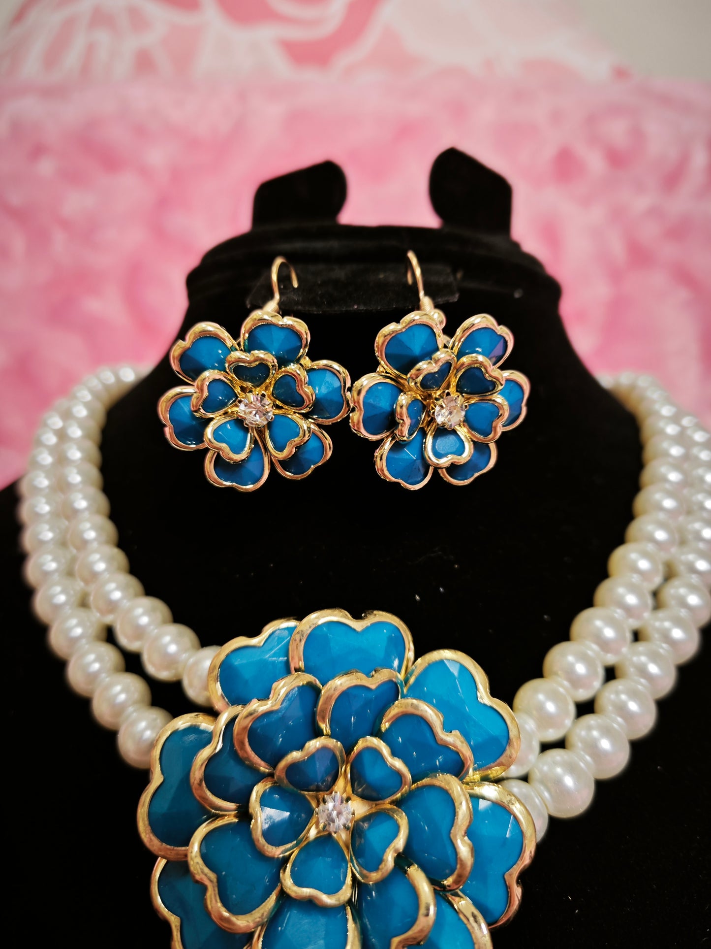 Gilded Turquoise Enamel Flower Pearl Necklace & Earring Set