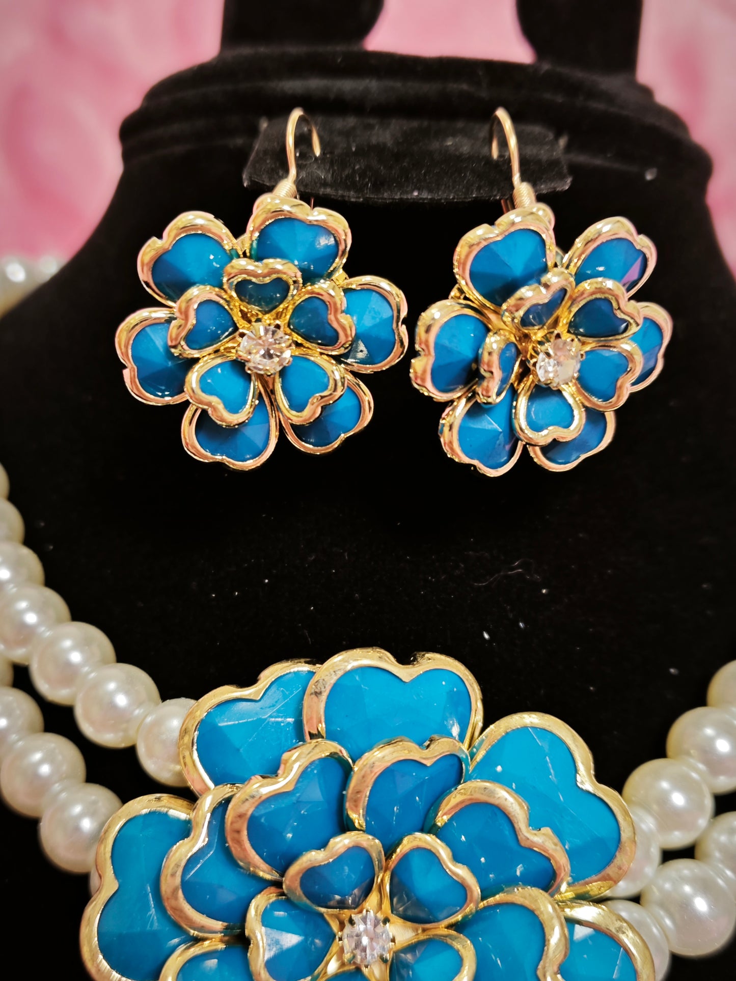 Gilded Turquoise Enamel Flower Pearl Necklace & Earring Set