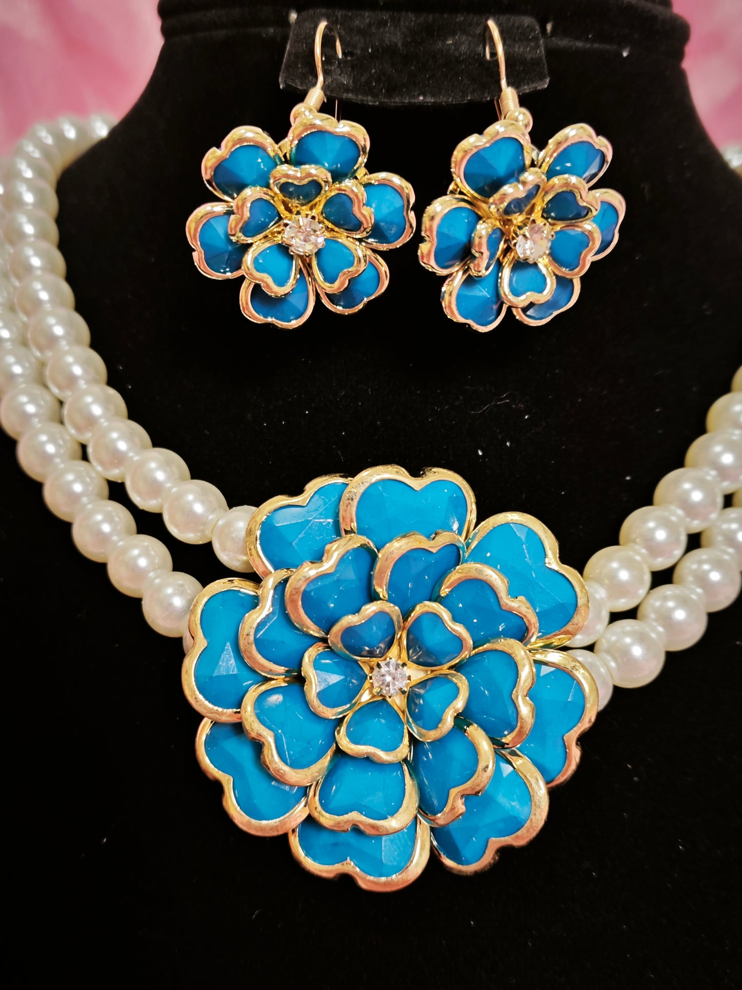 Gilded Turquoise Enamel Flower Pearl Necklace & Earring Set