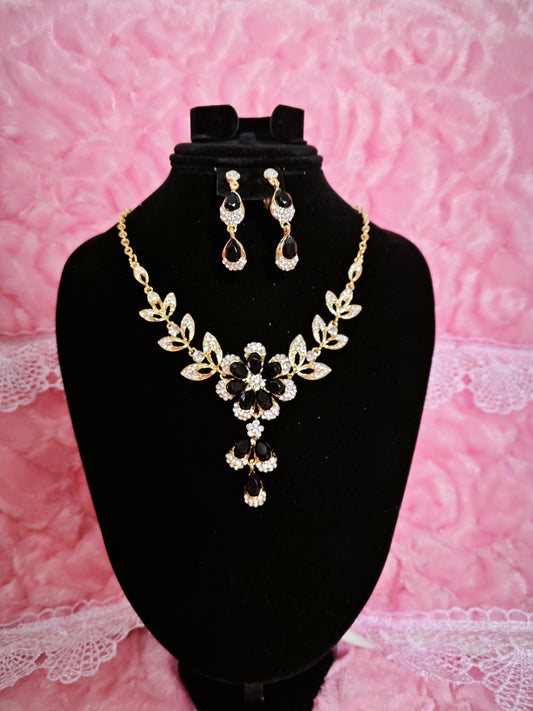 Gilded Onyx Crystal Flower Vine Necklace & Earring Set