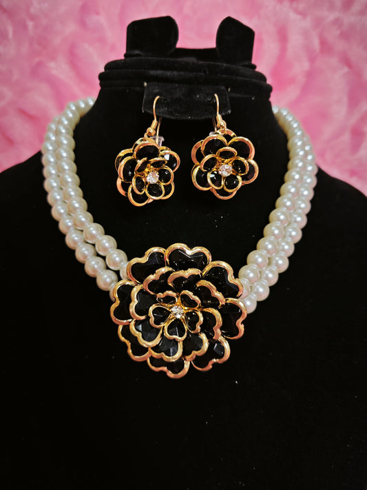 Gilded Black Enamel Camellia Pearl Necklace & Earring Set