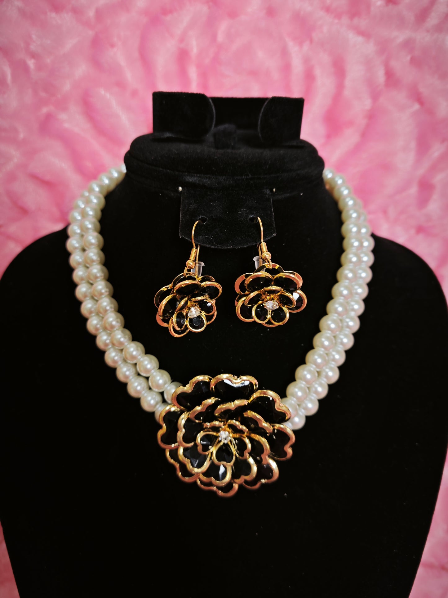 Gilded Black Enamel Camellia Pearl Necklace & Earring Set