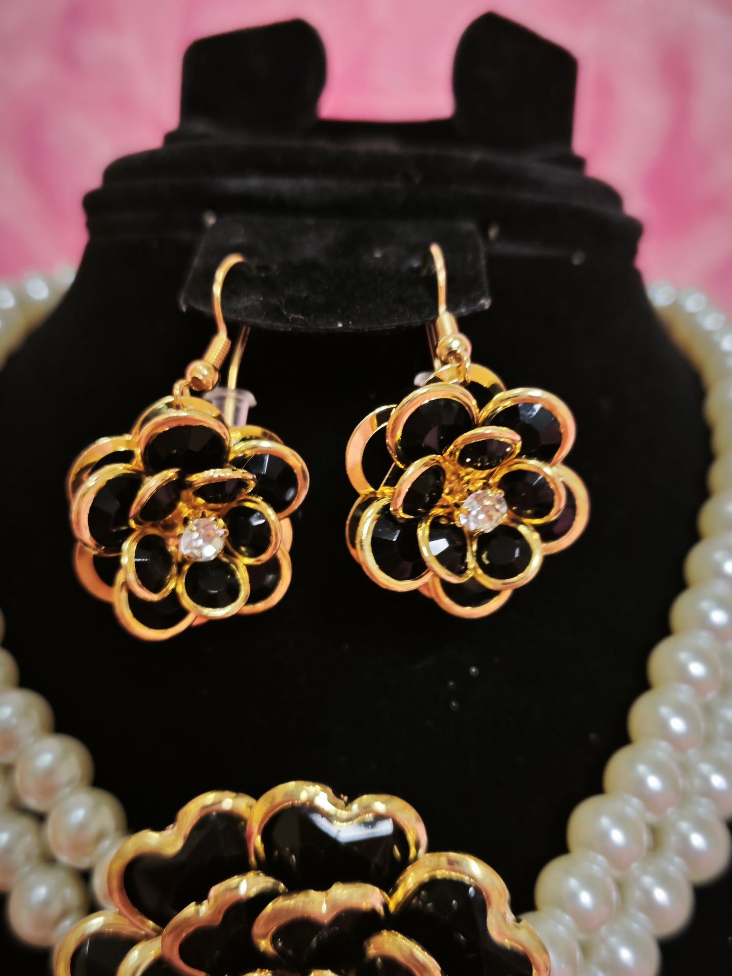 Gilded Black Enamel Camellia Pearl Necklace & Earring Set