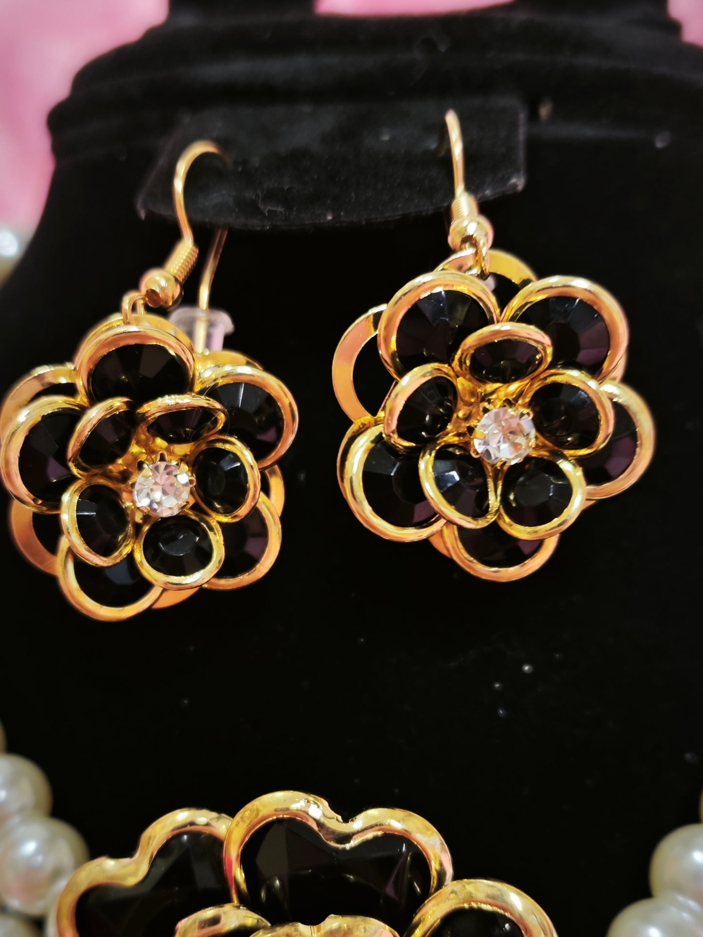 Gilded Black Enamel Camellia Pearl Necklace & Earring Set