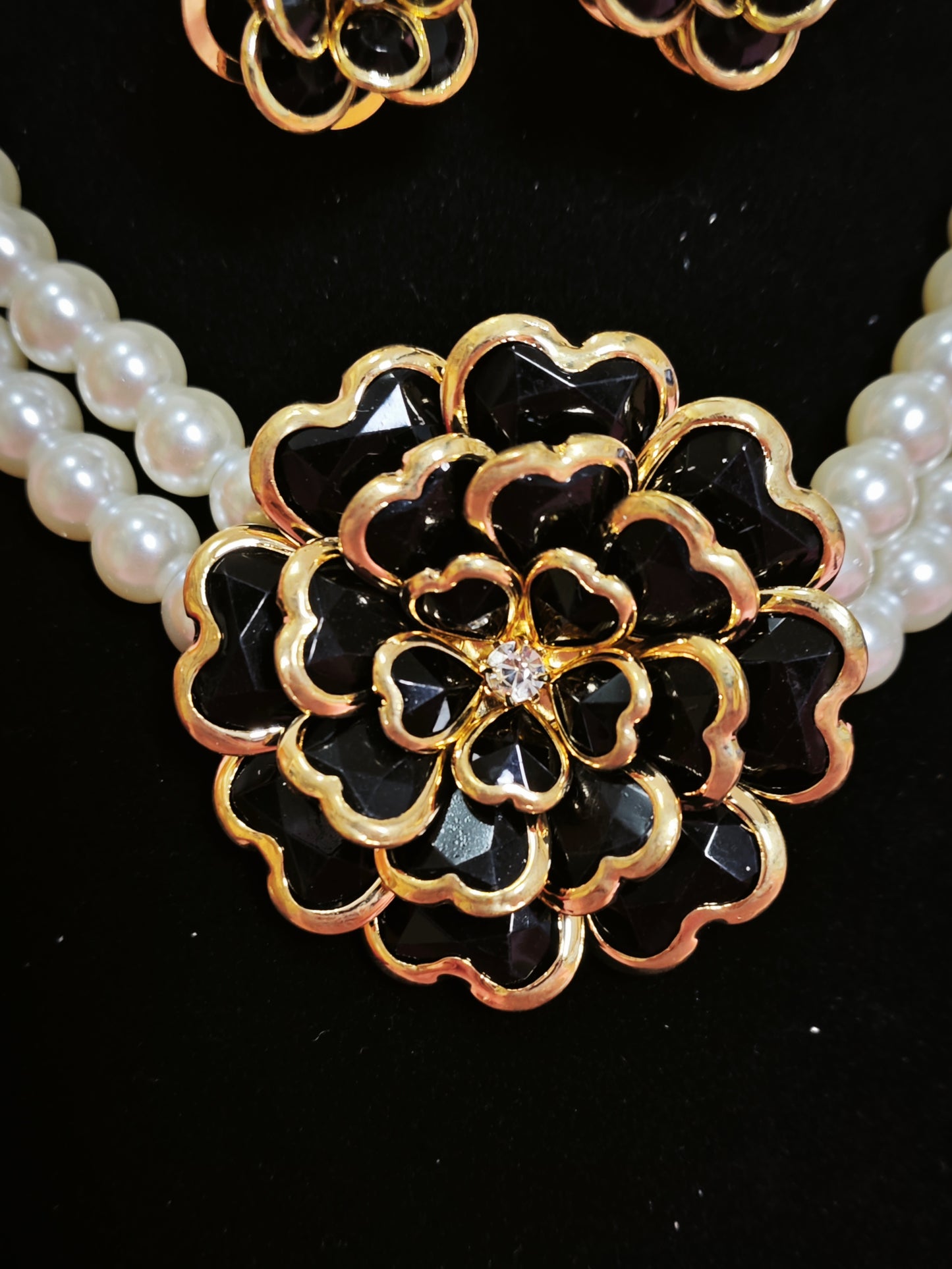 Gilded Black Enamel Camellia Pearl Necklace & Earring Set