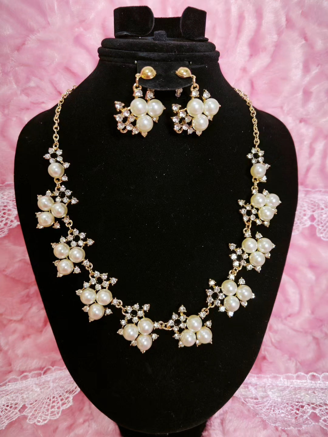 Gilded Pearl & Diamond Cluster Necklace & Earring Set