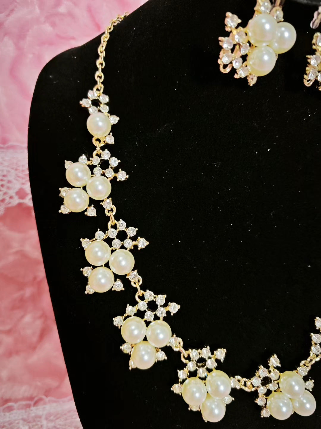 Gilded Pearl & Diamond Cluster Necklace & Earring Set