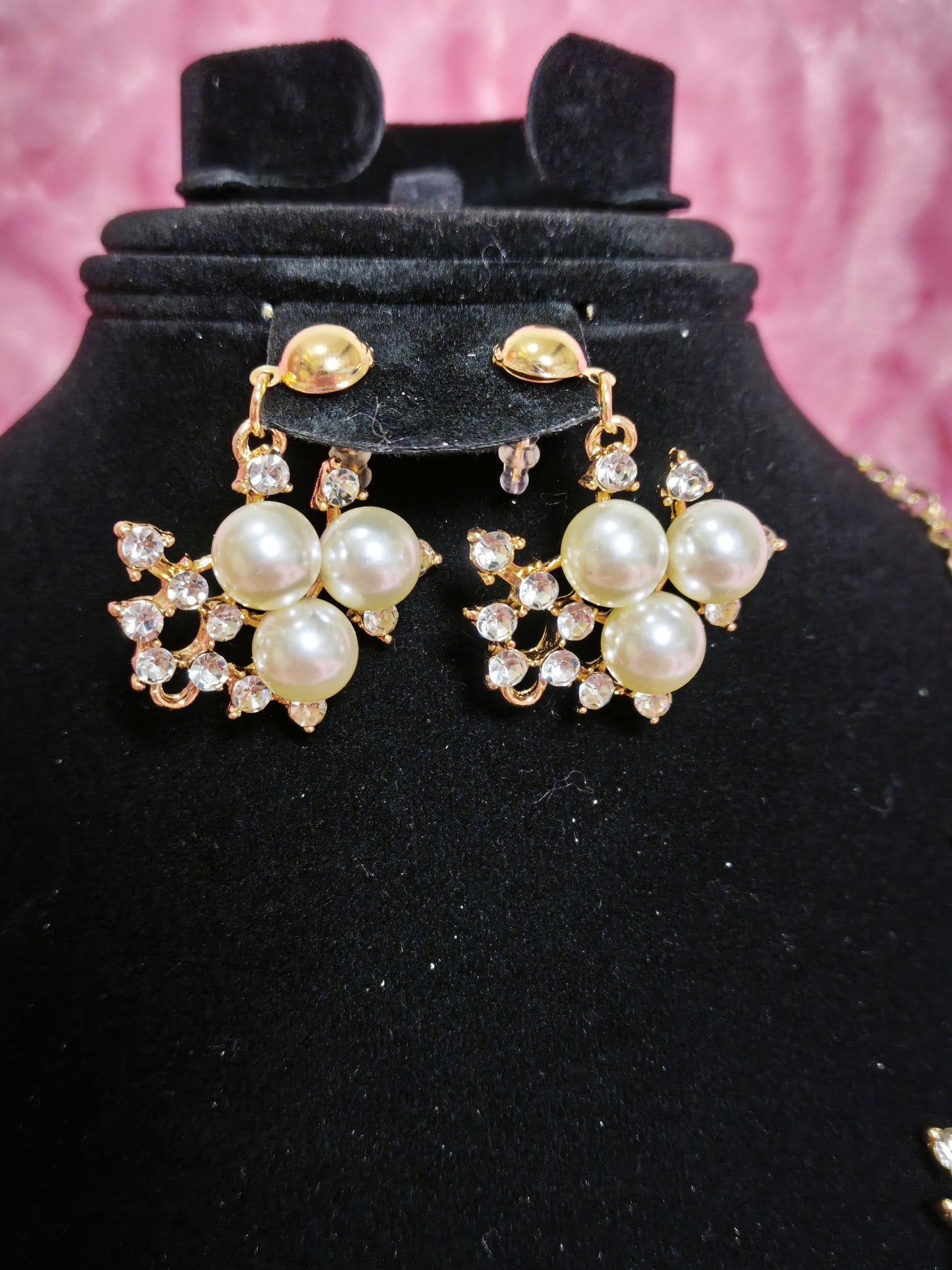 Gilded Pearl & Diamond Cluster Necklace & Earring Set