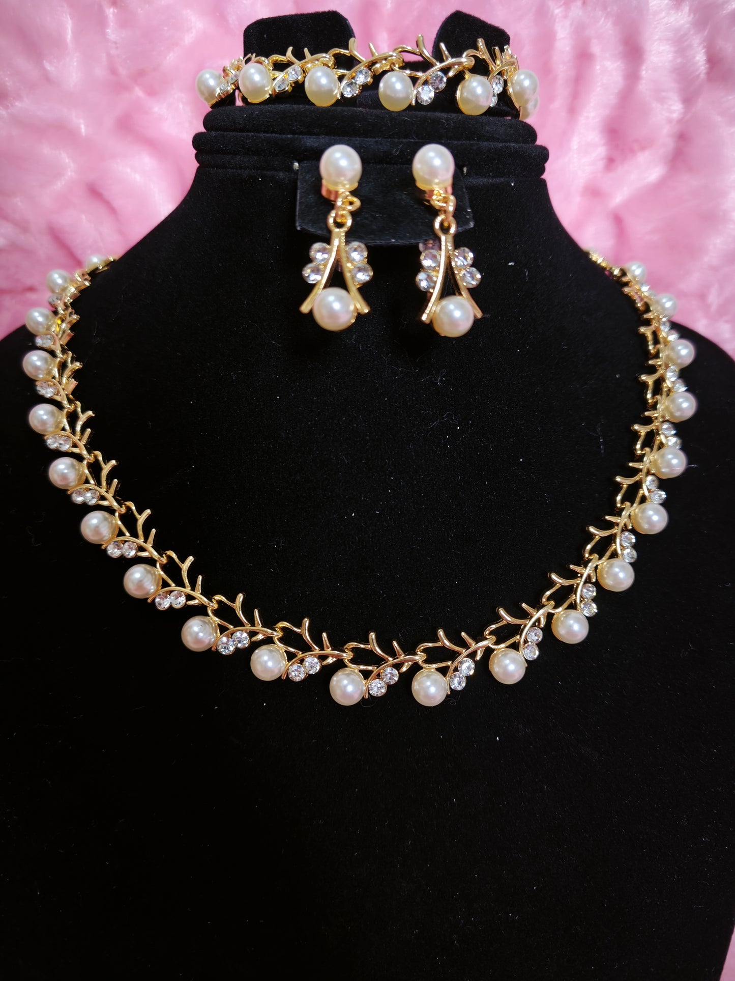 Gilded Pearl & Crystal Twig Necklace & Earring Set