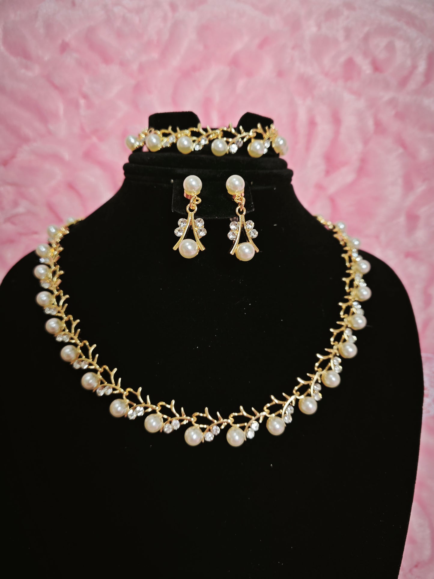 Gilded Pearl & Crystal Twig Necklace & Earring Set