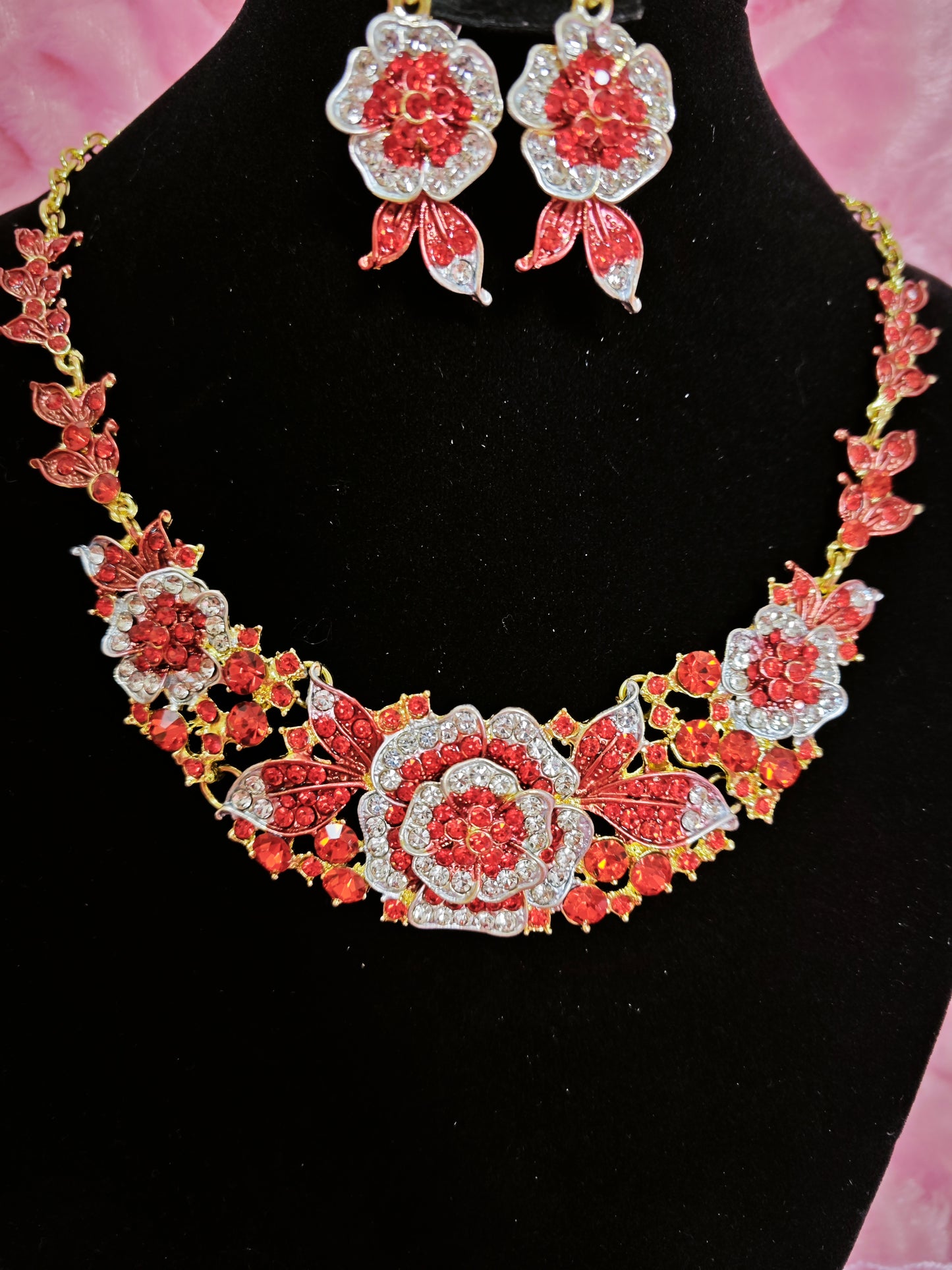 Gilded Red Enamel Camellia Cluster Necklace & Earring Set