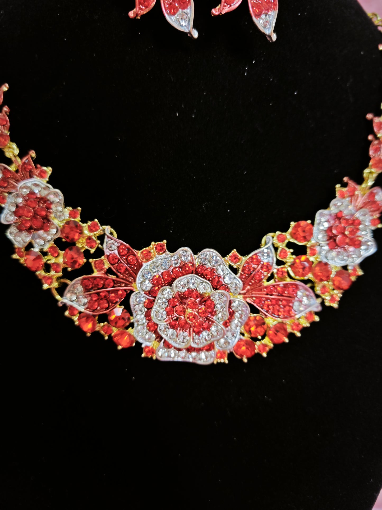 Gilded Red Enamel Camellia Cluster Necklace & Earring Set