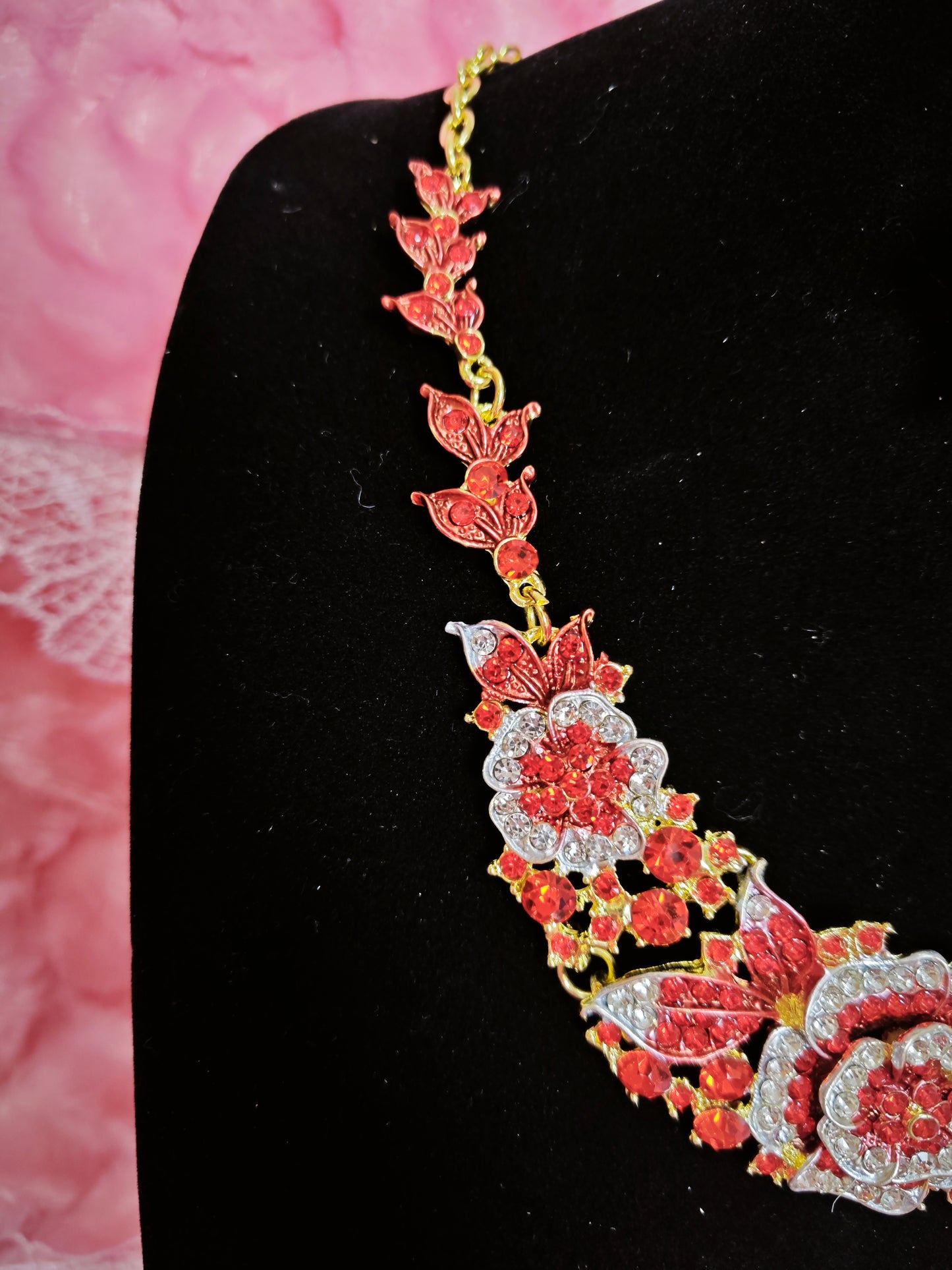 Gilded Red Enamel Camellia Cluster Necklace & Earring Set