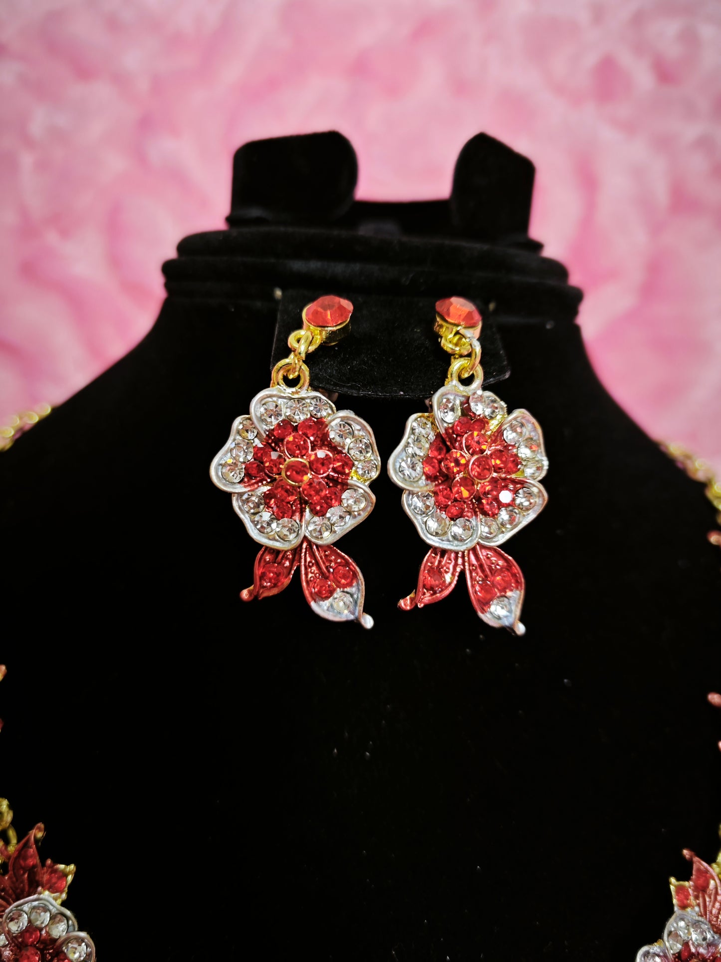 Gilded Red Enamel Camellia Cluster Necklace & Earring Set