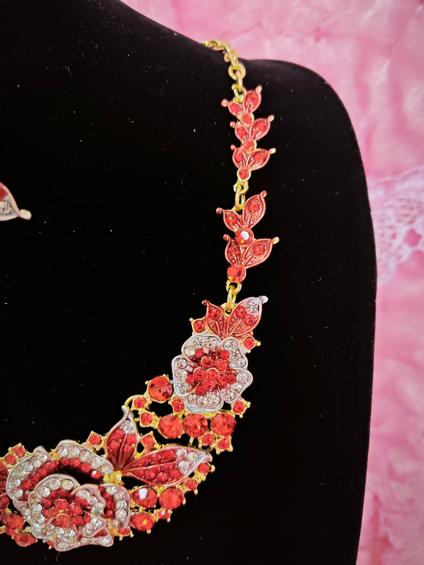 Gilded Red Enamel Camellia Cluster Necklace & Earring Set